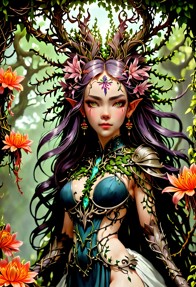 A magical girl whose body is made of vines, plant witch，Vine Queen，Witch of Thorns，Vines weave into a sculpture of a girl，vines woven into clothing，(Crazy vines intricate:1.3)，(Lycoris close-up:1.5)，Flower of the other shore is charming，Mysterious Manzhu Shahua，Bloody ghost flowers blooming at the gate of hell，Leading the soul to the afterlife，Evil charm，Flirtatious，Excellent，witch womloy iron flower，Alloy vines are woven into a magical girl,Magical girl has iron flowers on her head，heavy metal style，metal art，flower made of iron，iron leaf，Full metallic luster，Metal texture in the post-industrial era，Crafts made from twisted alloy wire，gold flowers，Iron flower，Silver flower，metal tree branch，a crystal pendant，Emerald inlay，Carefully crafted，Perfect craftsmanship，Magic lightning background，blue lightning，There are fairies，dark fantasy style art, dark flower shaman, dark fantasy concept art, bloodborne concept art, dark concept art, Bloody ghost flower, Diablo digital concept art, dark fantasy art style, Dark flowers, 🌺 Computer Graphics Association, bloodborne art, tmasterpiece，art  stations，ultra-realistic realism，plant witch，Vine Queen，Witch of Thorns，photorealistic dark concept art, Concept film, Reuven Tan，Painting of woman weaving vines standing in front of devil, goddess of death, author：heroes, beautiful death goddess, beautiful elegant demon queen, dark fantasy style art, portrait of death, onmyoji detailed art, Persephone as the goddess of death, beautiful necromancer, Ominous fantasy illustration