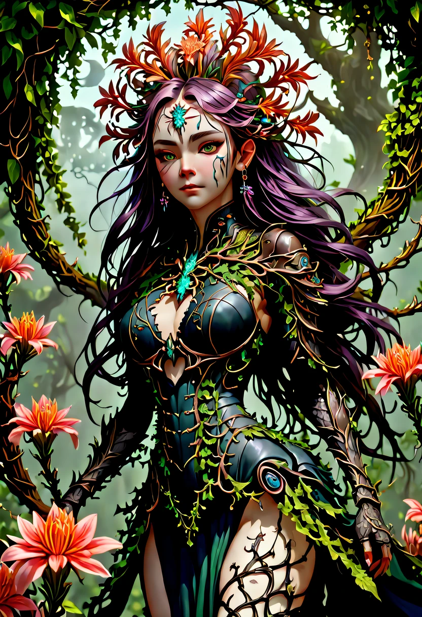 A magical girl whose body is made of vines, plant witch，Vine Queen，Witch of Thorns，Vines weave into a sculpture of a girl，vines woven into clothing，(Crazy vines intricate:1.3)，(Lycoris close-up:1.5)，Flower of the other shore is charming，Mysterious Manzhu Shahua，Bloody ghost flowers blooming at the gate of hell，Leading the soul to the afterlife，Evil charm，Flirtatious，Excellent，witch womloy iron flower，Alloy vines are woven into a magical girl,Magical girl has iron flowers on her head，heavy metal style，metal art，flower made of iron，iron leaf，Full metallic luster，Metal texture in the post-industrial era，Crafts made from twisted alloy wire，gold flowers，Iron flower，Silver flower，metal tree branch，a crystal pendant，Emerald inlay，Carefully crafted，Perfect craftsmanship，Magic lightning background，blue lightning，There are fairies，dark fantasy style art, dark flower shaman, dark fantasy concept art, bloodborne concept art, dark concept art, Bloody ghost flower, Diablo digital concept art, dark fantasy art style, Dark flowers, 🌺 Computer Graphics Association, bloodborne art, tmasterpiece，art  stations，ultra-realistic realism，plant witch，Vine Queen，Witch of Thorns，photorealistic dark concept art, Concept film, Reuven Tan，Painting of woman weaving vines standing in front of devil, goddess of death, author：heroes, beautiful death goddess, beautiful elegant demon queen, dark fantasy style art, portrait of death, onmyoji detailed art, Persephone as the goddess of death, beautiful necromancer, Ominous fantasy illustration