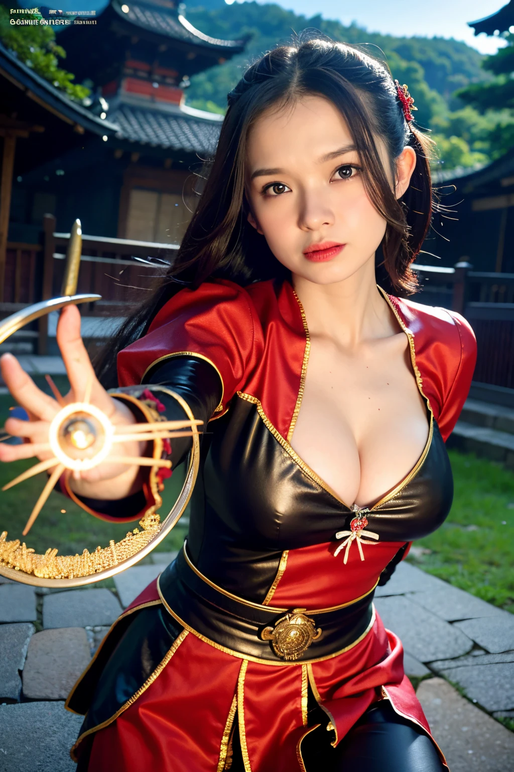 all-fours, Split abs, large full breasts, Best Quality, masutepiece, 超A high resolution, (Photorealistic:1.4),  arma, Detailed face, One girl, Sword weapons, cleavage, (Magic Circle:1.2), beautiful  Girl, Full body, Japan castle town of the Edo period, Townscape of the Edo period, Samurai, Japan, Fantasy, High quality, ultra detailed in 4k, 8K, High resolution, fantasy coverart style, medieval times, Sharp Focus, depth of fields.