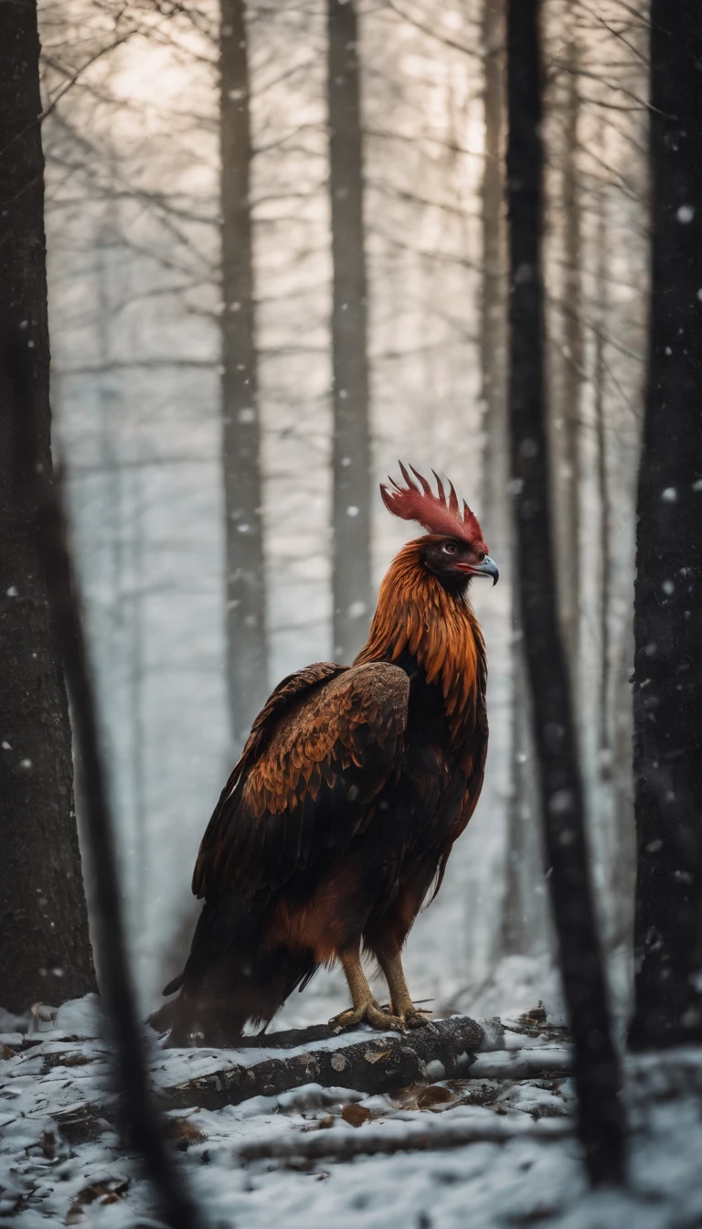 A large fire pheonix, in a snowstorm, in the woods