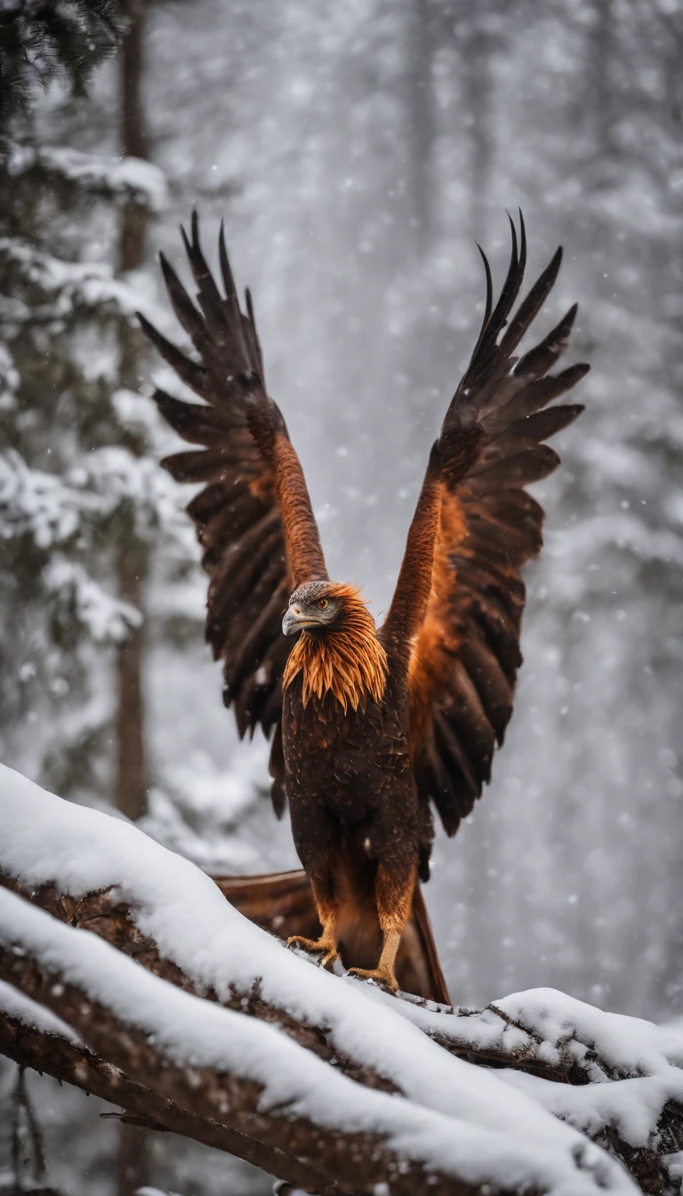 A large fire pheonix, in a snowstorm, in the woods