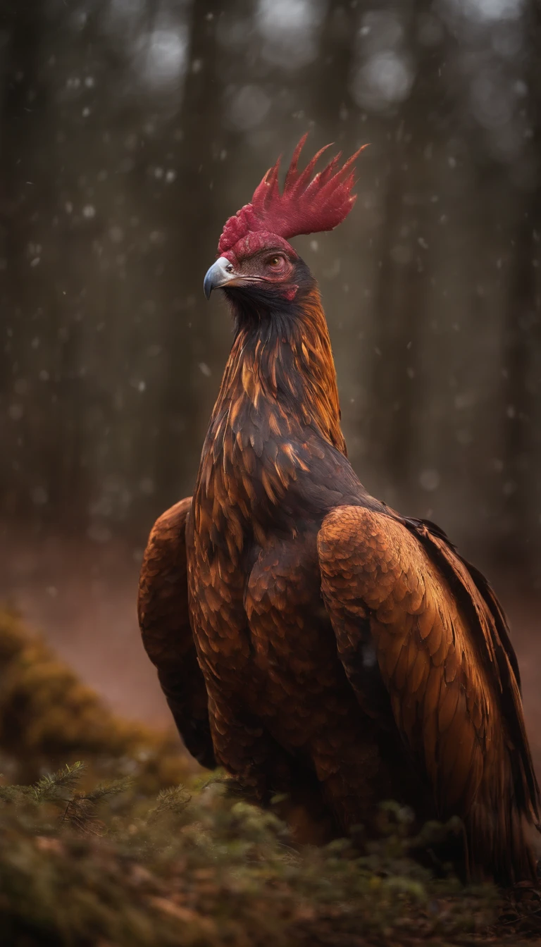 A large fire pheonix, in a snowstorm, in the woods