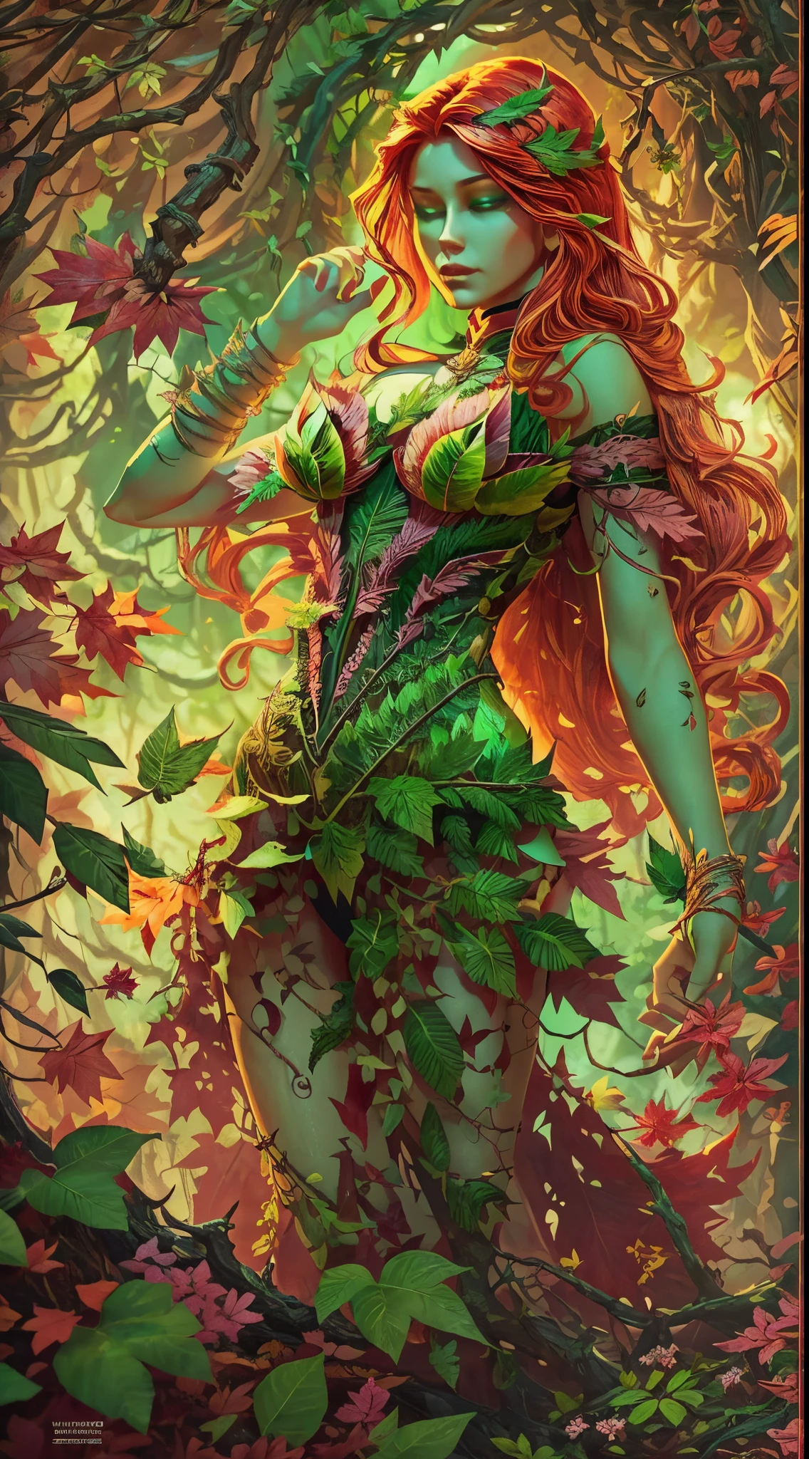 (mother of nature,green skin:green:1.1,red head:1.1) A mesmerizing image of Poison Ivy comes to life in vivid colors. Her beautiful, pale green skin stands out, radiating an ethereal glow. Her hair, a fiery red cascade, frames her face with wild elegance. Looking closer, you notice her enchanting eyes, filled with both mystery and power.

She stands confidently, her figure adorned with lingerie made entirely of intricately crafted leaves. Each leaf is carefully placed, forming a mesmerizing pattern that accentuates her natural beauty. The leaves, in various shades of green, seem to mimic the plants surrounding her, perfectly blending her with the lush environment.

Poison Ivy extends her hand, effortlessly commanding the plants around her. Green vines sprout from the ground, twisting and curving under her control. They dance gracefully in the air, forming intricate patterns and shapes. Some vines reach towards her, while others create an enchanting canopy above her, casting wavy shadows on her face.

The air is filled with the scent of nature, fresh and invigorating. The atmosphere seems to vibrate with life, as the leaves rustle softly in the gentle breeze. The surroundings are an oasis of greenery, with an abundance of vibrant plants and foliage that stretch as far as the eye can see.

In this masterpiece of art, the level of detail is astonishing. Every aspect of Poison Ivy, down to the tiniest veins on the leaves, is defined with precision and realism. The lighting is carefully crafted, illuminating her delicate features and enhancing the overall atmosphere. The colors are vivid and rich, showcasing the beauty of the natural world that she commands.

As you gaze at this stunning artwork, you can't help but be captivated by the allure and power of Poison Ivy, the Mother of Nature. She embodies the essence of the wild and the untamed, a force to be reckoned with.