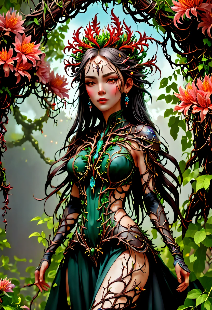 A magical girl whose body is made of vines, plant witch,Vine Queen,Witch of Thorns,Vines weave into a sculpture of a girl,vines woven into clothing,(Crazy vines intricate:1.3),(Lycoris close-up:1.5),Flower of the other shore is charming,Mysterious Manzhu Shahua,Bloody ghost flowers blooming at the gate of hell,Leading the soul to the afterlife,Evil charm,Flirtatious,Excellent,witch womloy iron flower,Alloy vines are woven into a magical girl,Magical girl has iron flowers on her head,heavy metal style,metal art,flower made of iron,iron leaf,Full metallic luster,Metal texture in the post-industrial era,Crafts made from twisted alloy wire,gold flowers,Iron flower,Silver flower,metal tree branch,a crystal pendant,Emerald inlay,well-built,Perfect craftsmanship,Magic lightning background,blue lightning,There are fairies,dark fantasy style art, dark flower shaman, dark fantasy concept art, bloodborne concept art, dark concept art, Bloody ghost flower, Diablo digital concept art, dark fantasy art style, Dark flowers, 🌺 Computer Graphics Association, bloodborne art, tmasterpiece,art stations,ultra-realistic realism,plant witch,Vine Queen,Witch of Thorns,photorealistic dark concept art, Concept film, Reuven Tan,Painting of woman weaving vines standing in front of devil, goddess of death, author:heroes, beautiful death goddess, beautiful elegant demon queen, dark fantasy style art, portrait of death, onmyoji detailed art, Persephone as the goddess of death, beautiful necromancer, Ominous fantasy illustration