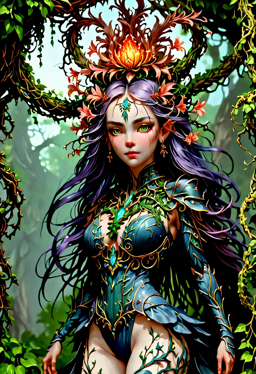 A magical girl whose body is made of vines, plant witch，Vine Queen，Witch of Thorns，Vines weave into a sculpture of a girl，vines woven into clothing，(Crazy vines intricate:1.3)，(Lycoris close-up:1.5)，Flower of the other shore is charming，Mysterious Manzhu Shahua，Bloody ghost flowers blooming at the gate of hell，Leading the soul to the afterlife，Evil charm，Flirtatious，Excellent，witch womloy iron flower，Alloy vines are woven into a magical girl,Magical girl has iron flowers on her head，heavy metal style，metal art，flower made of iron，iron leaf，Full metallic luster，Metal texture in the post-industrial era，Crafts made from twisted alloy wire，gold flowers，Iron flower，Silver flower，metal tree branch，a crystal pendant，Emerald inlay，Carefully crafted，Perfect craftsmanship，Magic lightning background，blue lightning，There are fairies，dark fantasy style art, dark flower shaman, dark fantasy concept art, bloodborne concept art, dark concept art, Bloody ghost flower, Diablo digital concept art, dark fantasy art style, Dark flowers, 🌺 Computer Graphics Association, bloodborne art, tmasterpiece，art  stations，ultra-realistic realism，plant witch，Vine Queen，Witch of Thorns，photorealistic dark concept art, Concept film, Reuven Tan，Painting of woman weaving vines standing in front of devil, goddess of death, author：heroes, beautiful death goddess, beautiful elegant demon queen, dark fantasy style art, portrait of death, onmyoji detailed art, Persephone as the goddess of death, beautiful necromancer, Ominous fantasy illustration