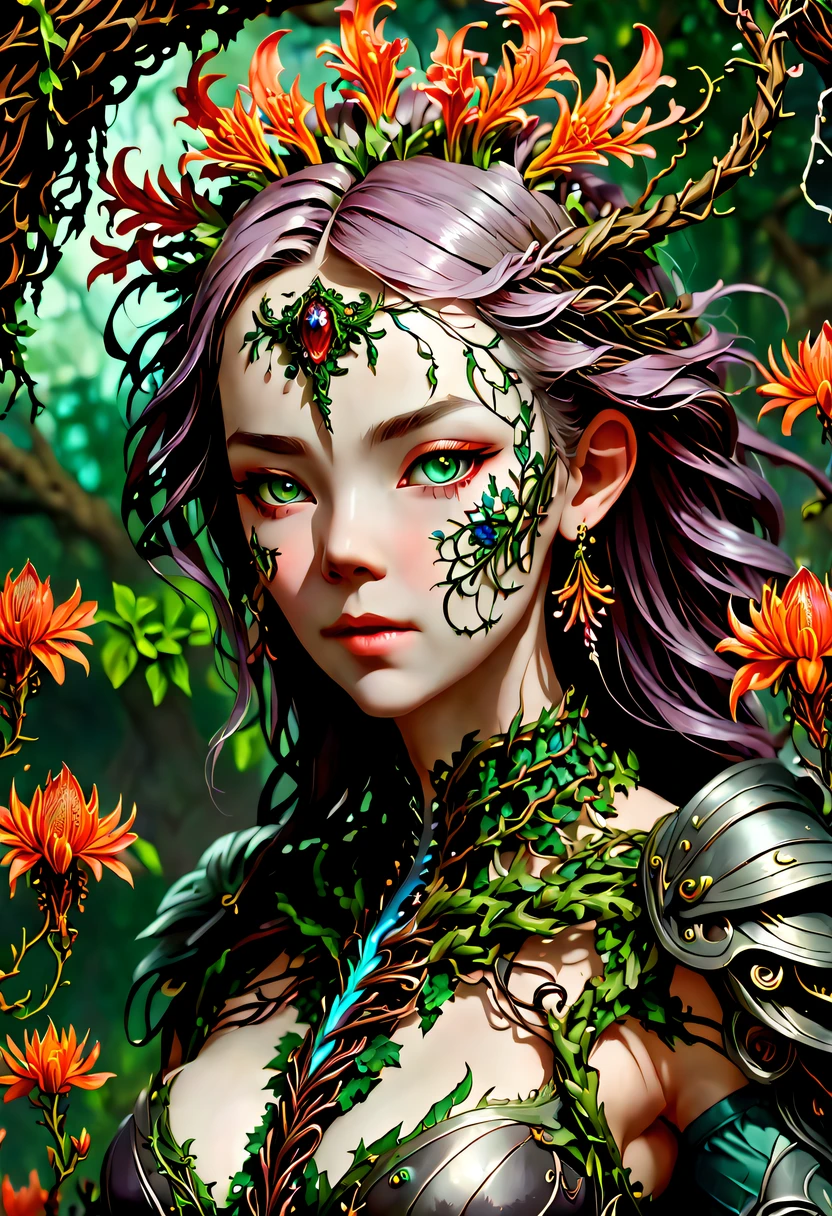 A magical girl whose body is made of vines, plant witch,Vine Queen,Witch of Thorns,Vines weave into a sculpture of a girl,vines woven into clothing,(Crazy vines intricate:1.3),(Lycoris close-up:1.5),Flower of the other shore is charming,Mysterious Manzhu Shahua,Bloody ghost flowers blooming at the gate of hell,Leading the soul to the afterlife,Evil charm,Flirtatious,Excellent,witch womloy iron flower,Alloy vines are woven into a magical girl,Magical girl has iron flowers on her head,heavy metal style,metal art,flower made of iron,iron leaf,Full metallic luster,Metal texture in the post-industrial era,Crafts made from twisted alloy wire,gold flowers,Iron flower,Silver flower,metal tree branch,a crystal pendant,Emerald inlay,well-built,Perfect craftsmanship,Magic lightning background,blue lightning,There are fairies,dark fantasy style art, dark flower shaman, dark fantasy concept art, bloodborne concept art, dark concept art, Bloody ghost flower, Diablo digital concept art, dark fantasy art style, Dark flowers, 🌺 Computer Graphics Association, bloodborne art, tmasterpiece,art stations,ultra-realistic realism,plant witch,Vine Queen,Witch of Thorns,photorealistic dark concept art, Concept film, Reuven Tan,Painting of woman weaving vines standing in front of devil, goddess of death, author:heroes, beautiful death goddess, beautiful elegant demon queen, dark fantasy style art, portrait of death, onmyoji detailed art, Persephone as the goddess of death, beautiful necromancer, Ominous fantasy illustration