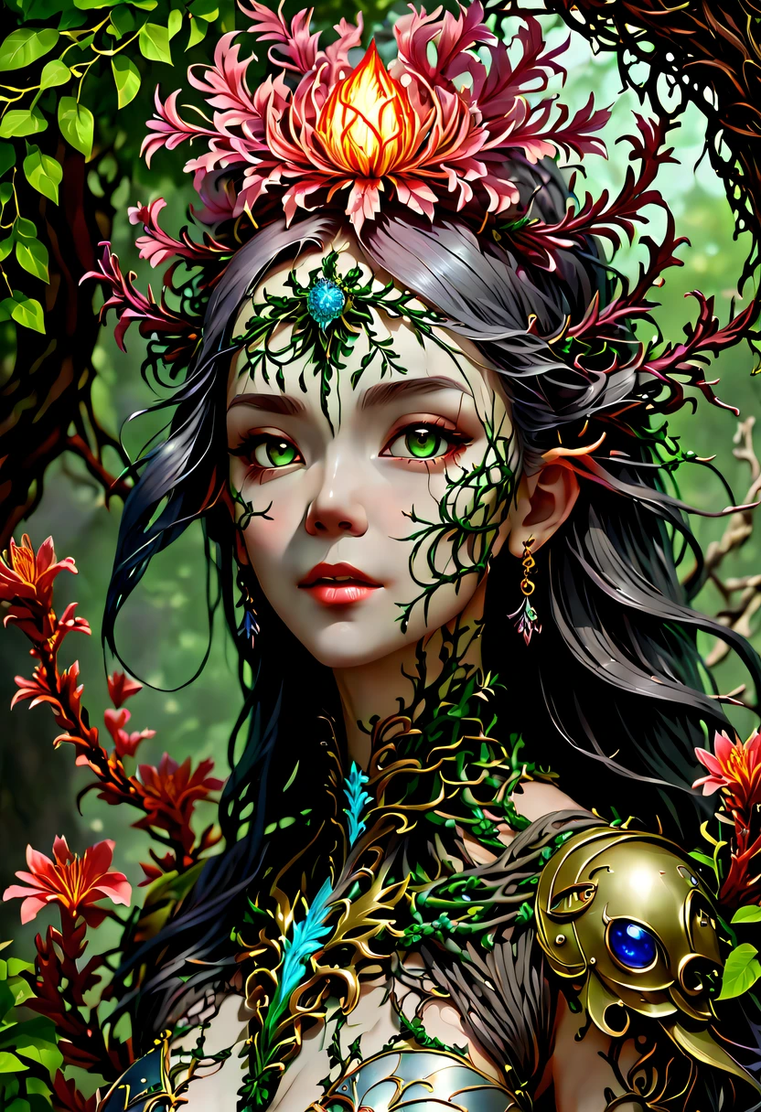 A magical girl whose body is made of vines, plant witch，Vine Queen，Witch of Thorns，Vines weave into a sculpture of a girl，vines woven into clothing，(Crazy vines intricate:1.3)，(Lycoris close-up:1.5)，Flower of the other shore is charming，Mysterious Manzhu Shahua，Bloody ghost flowers blooming at the gate of hell，Leading the soul to the afterlife，Evil charm，Flirtatious，Excellent，witch womloy iron flower，Alloy vines are woven into a magical girl,Magical girl has iron flowers on her head，heavy metal style，metal art，flower made of iron，iron leaf，Full metallic luster，Metal texture in the post-industrial era，Crafts made from twisted alloy wire，gold flowers，Iron flower，Silver flower，metal tree branch，a crystal pendant，Emerald inlay，Carefully crafted，Perfect craftsmanship，Magic lightning background，blue lightning，There are fairies，dark fantasy style art, dark flower shaman, dark fantasy concept art, bloodborne concept art, dark concept art, Bloody ghost flower, Diablo digital concept art, dark fantasy art style, Dark flowers, 🌺 Computer Graphics Association, bloodborne art, tmasterpiece，art  stations，ultra-realistic realism，plant witch，Vine Queen，Witch of Thorns，photorealistic dark concept art, Concept film, Reuven Tan，Painting of woman weaving vines standing in front of devil, goddess of death, author：heroes, beautiful death goddess, beautiful elegant demon queen, dark fantasy style art, portrait of death, onmyoji detailed art, Persephone as the goddess of death, beautiful necromancer, Ominous fantasy illustration