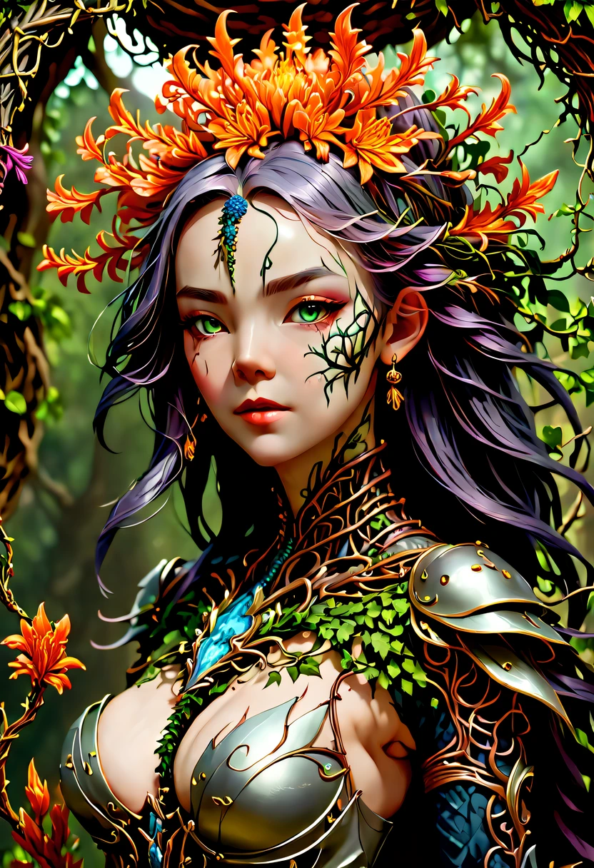 A magical girl whose body is made of vines, plant witch，Vine Queen，Witch of Thorns，Vines weave into a sculpture of a girl，vines woven into clothing，(Crazy vines intricate:1.3)，(Lycoris close-up:1.5)，Flower of the other shore is charming，Mysterious Manzhu Shahua，Bloody ghost flowers blooming at the gate of hell，Leading the soul to the afterlife，Evil charm，Flirtatious，Excellent，witch womloy iron flower，Alloy vines are woven into a magical girl,Magical girl has iron flowers on her head，heavy metal style，metal art，flower made of iron，iron leaf，Full metallic luster，Metal texture in the post-industrial era，Crafts made from twisted alloy wire，gold flowers，Iron flower，Silver flower，metal tree branch，a crystal pendant，Emerald inlay，Carefully crafted，Perfect craftsmanship，Magic lightning background，blue lightning，There are fairies，dark fantasy style art, dark flower shaman, dark fantasy concept art, bloodborne concept art, dark concept art, Bloody ghost flower, Diablo digital concept art, dark fantasy art style, Dark flowers, 🌺 Computer Graphics Association, bloodborne art, tmasterpiece，art  stations，ultra-realistic realism，plant witch，Vine Queen，Witch of Thorns，photorealistic dark concept art, Concept film, Reuven Tan，Painting of woman weaving vines standing in front of devil, goddess of death, author：heroes, beautiful death goddess, beautiful elegant demon queen, dark fantasy style art, portrait of death, onmyoji detailed art, Persephone as the goddess of death, beautiful necromancer, Ominous fantasy illustration
