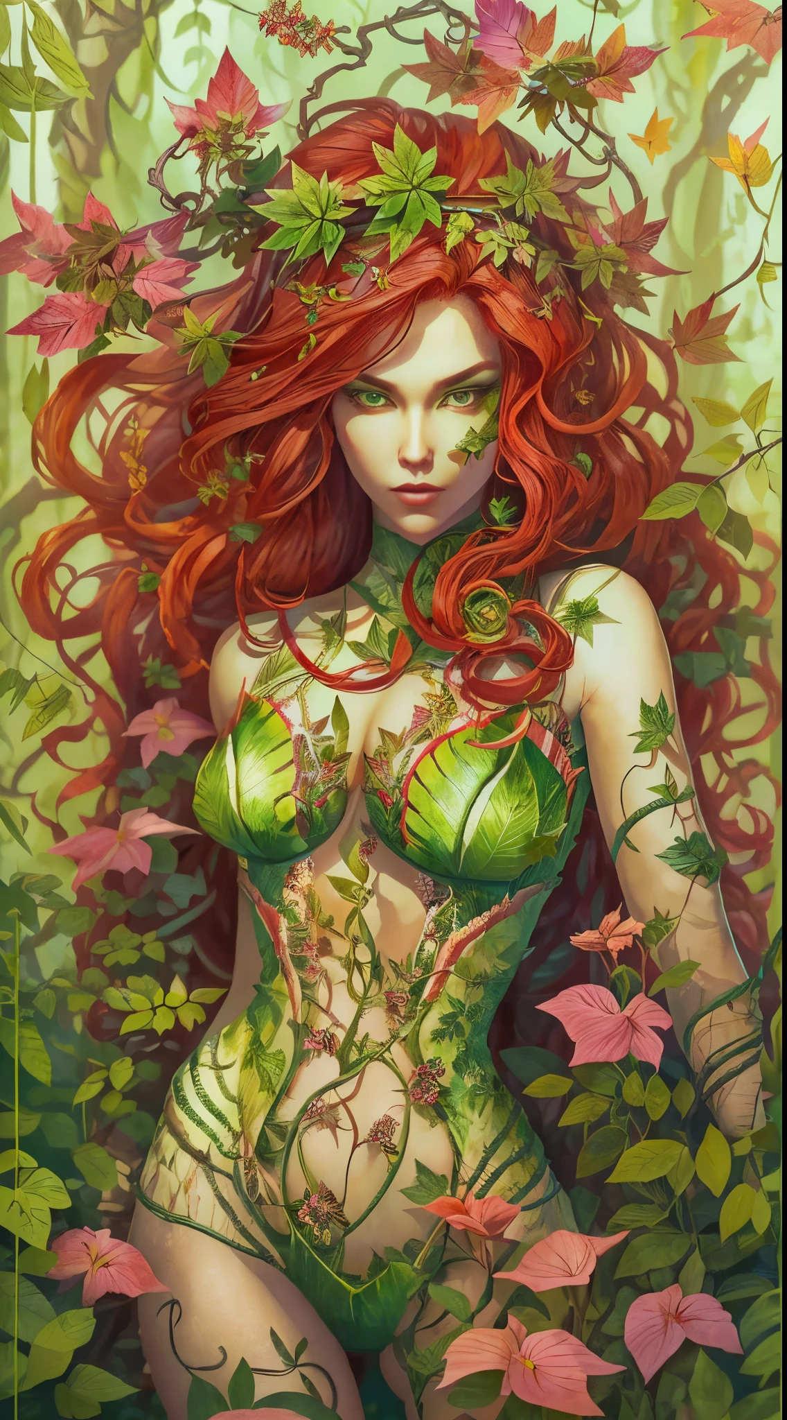 (mother of nature,green skin:green:1.1,red head:1.1) A mesmerizing image of Poison Ivy comes to life in vivid colors. Her beautiful, pale green skin stands out, radiating an ethereal glow. Her hair, a fiery red cascade, frames her face with wild elegance. Looking closer, you notice her enchanting eyes, filled with both mystery and power.

She stands confidently, her figure adorned with lingerie made entirely of intricately crafted leaves. Each leaf is carefully placed, forming a mesmerizing pattern that accentuates her natural beauty. The leaves, in various shades of green, seem to mimic the plants surrounding her, perfectly blending her with the lush environment.

Poison Ivy extends her hand, effortlessly commanding the plants around her. Green vines sprout from the ground, twisting and curving under her control. They dance gracefully in the air, forming intricate patterns and shapes. Some vines reach towards her, while others create an enchanting canopy above her, casting wavy shadows on her face.

The air is filled with the scent of nature, fresh and invigorating. The atmosphere seems to vibrate with life, as the leaves rustle softly in the gentle breeze. The surroundings are an oasis of greenery, with an abundance of vibrant plants and foliage that stretch as far as the eye can see.

In this masterpiece of art, the level of detail is astonishing. Every aspect of Poison Ivy, down to the tiniest veins on the leaves, is defined with precision and realism. The lighting is carefully crafted, illuminating her delicate features and enhancing the overall atmosphere. The colors are vivid and rich, showcasing the beauty of the natural world that she commands.

As you gaze at this stunning artwork, you can't help but be captivated by the allure and power of Poison Ivy, the Mother of Nature. She embodies the essence of the wild and the untamed, a force to be reckoned with.