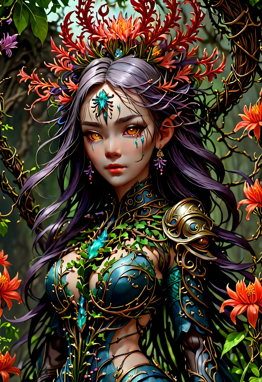 A magical girl whose body is made of vines, plant witch，Vine Queen，Witch of Thorns，Vines weave into a sculpture of a girl，vines woven into clothing，(Crazy vines intricate:1.3)，(Lycoris close-up:1.5)，Flower of the other shore is charming，Mysterious Manzhu Shahua，Bloody ghost flowers blooming at the gate of hell，Leading the soul to the afterlife，Evil charm，Flirtatious，Excellent，witch womloy iron flower，Alloy vines are woven into a magical girl,Magical girl has iron flowers on her head，heavy metal style，metal art，flower made of iron，iron leaf，Full metallic luster，Metal texture in the post-industrial era，Crafts made from twisted alloy wire，gold flowers，Iron flower，Silver flower，metal tree branch，a crystal pendant，Emerald inlay，well-built，Perfect craftsmanship，Magic lightning background，blue lightning，There are fairies，dark fantasy style art, dark flower shaman, dark fantasy concept art, bloodborne concept art, dark concept art, Bloody ghost flower, Diablo digital concept art, dark fantasy art style, Dark flowers, 🌺 Computer Graphics Association, bloodborne art, tmasterpiece，art  stations，ultra-realistic realism，plant witch，Vine Queen，Witch of Thorns，photorealistic dark concept art, Concept film, Reuven Tan，Painting of woman weaving vines standing in front of devil, goddess of death, author：heroes, beautiful death goddess, beautiful elegant demon queen, dark fantasy style art, portrait of death, onmyoji detailed art, Persephone as the goddess of death, beautiful necromancer, Ominous fantasy illustration