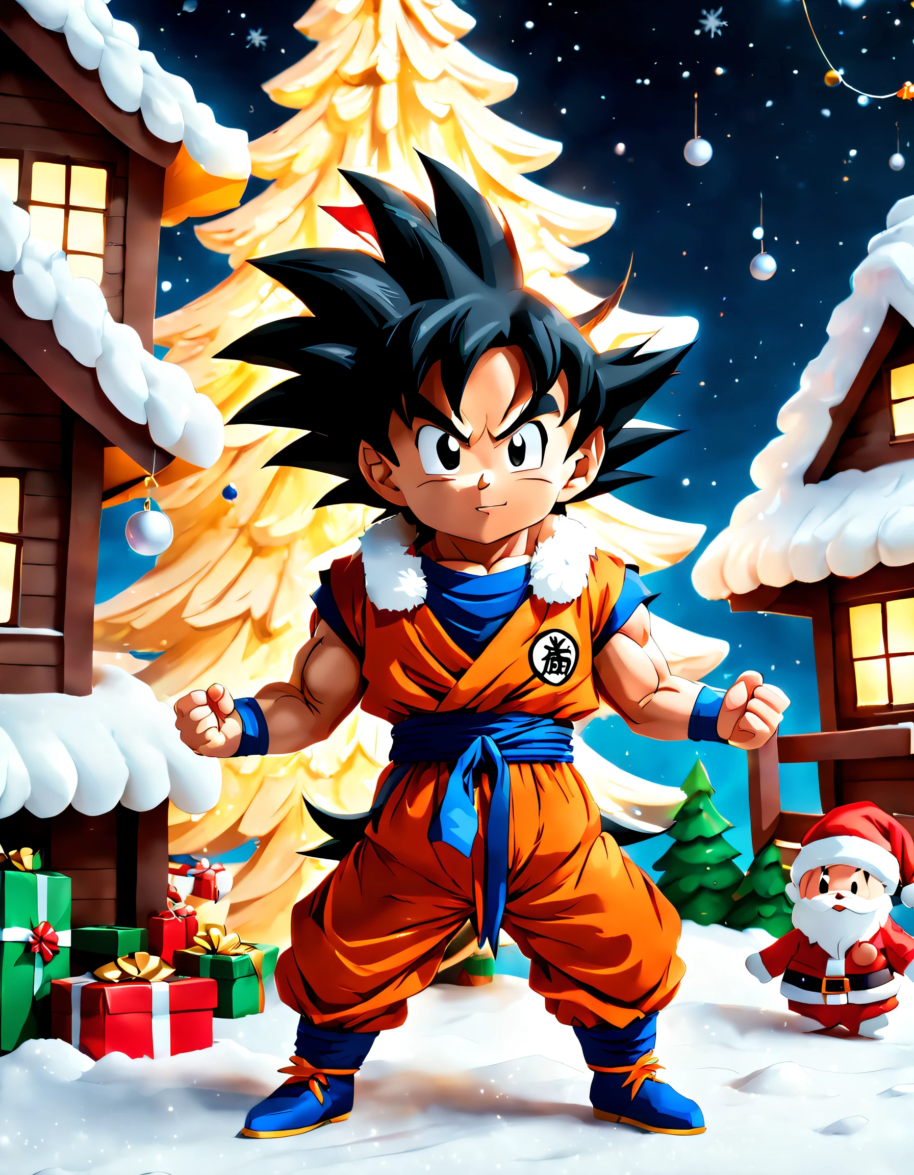 ((32k uhd high detail, 16k HDR cinematic art)) Incredible quality in 4K resolution, chibi style with Christmas elements. | ((Goku, transformed into Super Saiyan)), takes on an adorable chibi style while wearing Santa Claus's outfit. He is at the entrance of Santa's festively decorated house, holding a bag of presents. Christmas effects, such as bright lights, garlands, and snowflakes, create a charming atmosphere. | The camera highlights Goku's animated expression as he radiates joy while distributing gifts. The chibi style adds a touch of cuteness to the scene, perfectly balancing the Christmas character and Goku's power. | Composition that emphasizes the Christmas atmosphere, using lighting effects to enhance the magical elements. Careful details in Santa's house and Goku's relaxed posture. | Lovely scene of Chibi Goku, in chibi and Super Saiyan mode, spreading Christmas joy in front of Santa's house. | He is adopting a ((dynamic pose as interacts, boldly leaning on a large structure, leaning back in a dynamic way):1.3), ((full body)), perfect hand, fingers, hand, perfect, better_hands, Big, More Detail photography with corrections in photoshop art, film grain sharp "style Fujifilm XT3"