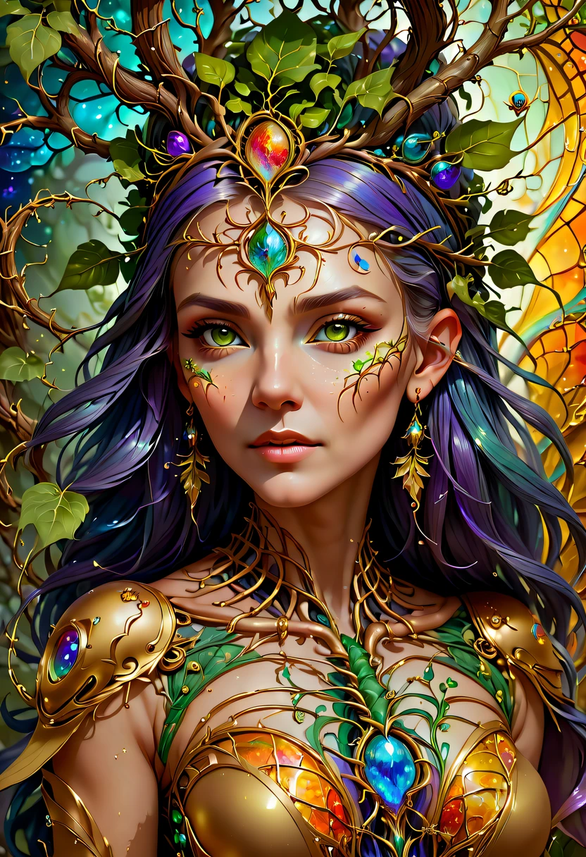 Plant Maiden,Vine Princess,Witch of Thorns,Beautiful line art photo,Use gold strokes and rainbow paint,Golden Maiden,the golden ratio,Melted wax,Visible brush strokes,surrounded by crystal spheres,3D Mosaic Wireframe,neuroimaging,neurons,The Tree of Life,colours,California,intense emotion,oil on the canvas,Thick strokes,insanely details,8k ultra high definition,tmasterpiece,art stations,ultra-realistic realism,plant witch,Vine Queen,Witch of Thorns