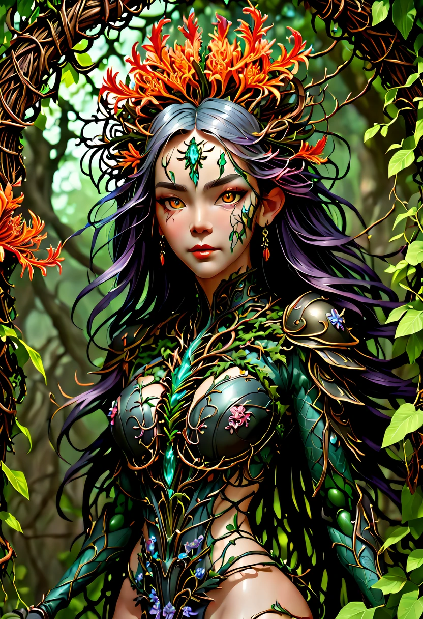 A magical girl whose body is made of vines, plant witch,Vine Queen,Witch of Thorns,Vines weave into a sculpture of a girl,vines woven into clothing,(Crazy vines intricate:1.3),(Lycoris close-up:1.5),Flower of the other shore is charming,Mysterious Manzhu Shahua,Bloody ghost flowers blooming at the gate of hell,Leading the soul to the afterlife,Evil charm,Flirtatious,Excellent,witch womloy iron flower,Alloy vines are woven into a magical girl,Magical girl has iron flowers on her head,heavy metal style,metal art,flower made of iron,iron leaf,Full metallic luster,Metal texture in the post-industrial era,Crafts made from twisted alloy wire,gold flowers,Iron flower,Silver flower,metal tree branch,a crystal pendant,Emerald inlay,Carefully crafted,Perfect craftsmanship,Magic lightning background,blue lightning,There are fairies,dark fantasy style art, dark flower shaman, dark fantasy concept art, bloodborne concept art, dark concept art, Bloody ghost flower, Diablo digital concept art, dark fantasy art style, Dark flowers, 🌺 Computer Graphics Association, bloodborne art, tmasterpiece,art stations,ultra-realistic realism,plant witch,Vine Queen,Witch of Thorns,photorealistic dark concept art, Concept film, Reuven Tan,Painting of woman weaving vines standing in front of devil, goddess of death, author:heroes, beautiful death goddess, beautiful elegant demon queen, dark fantasy style art, portrait of death, onmyoji detailed art, Persephone as the goddess of death, beautiful necromancer, Ominous fantasy illustration
