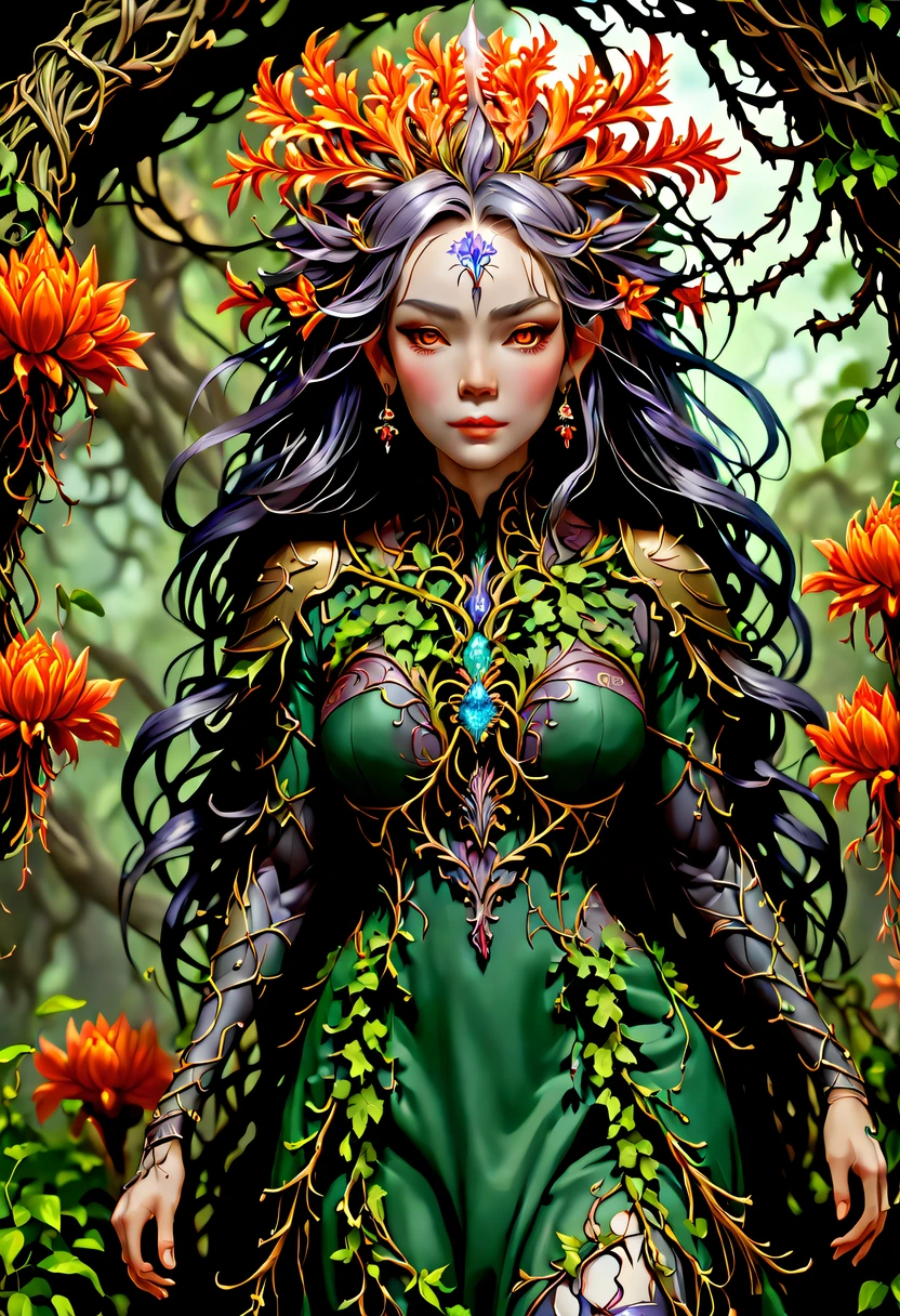 A magical girl whose body is made of vines, plant witch，Vine Queen，Witch of Thorns，Vines weave into a sculpture of a girl，vines woven into clothing，(Crazy vines intricate:1.3)，(Lycoris close-up:1.5)，Flower of the other shore is charming，Mysterious Manzhu Shahua，Bloody ghost flowers blooming at the gate of hell，Leading the soul to the afterlife，Evil charm，Flirtatious，Excellent，witch womloy iron flower，Alloy vines are woven into a magical girl,Magical girl has iron flowers on her head，heavy metal style，metal art，flower made of iron，iron leaf，Full metallic luster，Metal texture in the post-industrial era，Crafts made from twisted alloy wire，gold flowers，Iron flower，Silver flower，metal tree branch，a crystal pendant，Emerald inlay，Carefully crafted，Perfect craftsmanship，Magic lightning background，blue lightning，There are fairies，dark fantasy style art, dark flower shaman, dark fantasy concept art, bloodborne concept art, dark concept art, Bloody ghost flower, Diablo digital concept art, dark fantasy art style, Dark flowers, 🌺 Computer Graphics Association, bloodborne art, tmasterpiece，art  stations，ultra-realistic realism，plant witch，Vine Queen，Witch of Thorns，photorealistic dark concept art, Concept film, Reuven Tan，Painting of woman weaving vines standing in front of devil, goddess of death, author：heroes, beautiful death goddess, beautiful elegant demon queen, dark fantasy style art, portrait of death, onmyoji detailed art, Persephone as the goddess of death, beautiful necromancer, Ominous fantasy illustration