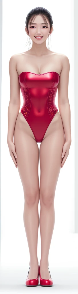 on the white background,a tall and beautiful chinese girl,with fair skin,Toothy smile,Hefty Smile,When you laugh, Your eyes are crescent-shaped,rim, Long, straight hair,Wear a one-piece swimsuit and pumps,Swimsuits are decorated with joyful patterns, standing straight,stand firm,hands on sides,Symmetrical distribution,Ray traching,All shaded areas,No windows, gentlesoftlighting, warm lights,Without sunlight, studio light, 1.4x True-to-life Ultra HD
