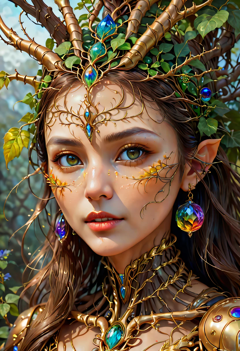 Plant Maiden,Vine Princess,Witch of Thorns,Beautiful line art photo,Use gold strokes and rainbow paint,Golden Maiden,the golden ratio,Melted wax,Visible brush strokes,surrounded by crystal spheres,3D Mosaic Wireframe,neuroimaging,neurons,The Tree of Life,colours,California,intense emotion,oil on the canvas,Thick strokes,insanely details,8k ultra high definition,tmasterpiece,art stations,ultra-realistic realism,plant witch,Vine Queen,Witch of Thorns