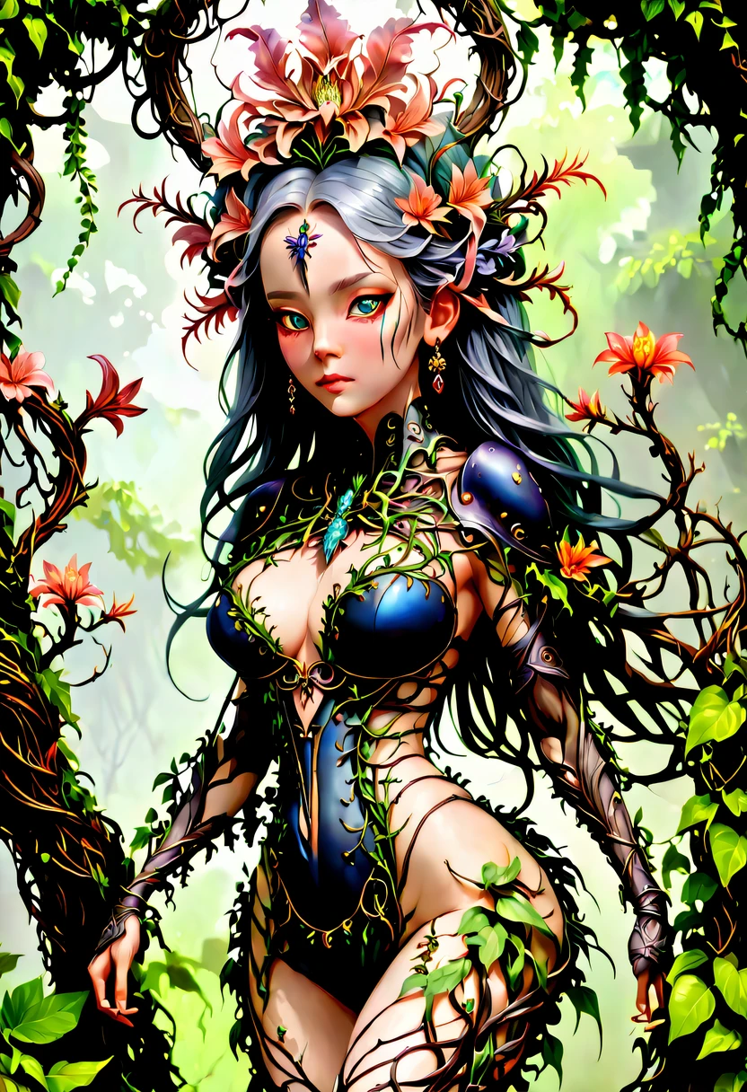 A magical girl whose body is made of vines, plant witch,Vine Queen,Witch of Thorns,Vines weave into a sculpture of a girl,vines woven into clothing,(Crazy vines intricate:1.3),(Lycoris close-up:1.5),Flower of the other shore is charming,Mysterious Manzhu Shahua,Bloody ghost flowers blooming at the gate of hell,Leading the soul to the afterlife,Evil charm,Flirtatious,Excellent,witch womloy iron flower,Alloy vines are woven into a magical girl,Magical girl has iron flowers on her head,heavy metal style,metal art,flower made of iron,iron leaf,Full metallic luster,Metal texture in the post-industrial era,Crafts made from twisted alloy wire,gold flowers,Iron flower,Silver flower,metal tree branch,a crystal pendant,Emerald inlay,well-built,Perfect craftsmanship,Magic lightning background,blue lightning,There are fairies,dark fantasy style art, dark flower shaman, dark fantasy concept art, bloodborne concept art, dark concept art, Bloody ghost flower, Diablo digital concept art, dark fantasy art style, Dark flowers, 🌺 Computer Graphics Association, bloodborne art, tmasterpiece,art stations,ultra-realistic realism,plant witch,Vine Queen,Witch of Thorns,photorealistic dark concept art, Concept film, Reuven Tan,Painting of woman weaving vines standing in front of devil, goddess of death, author:heroes, beautiful death goddess, beautiful elegant demon queen, dark fantasy style art, portrait of death, onmyoji detailed art, Persephone as the goddess of death, beautiful necromancer, Ominous fantasy illustration