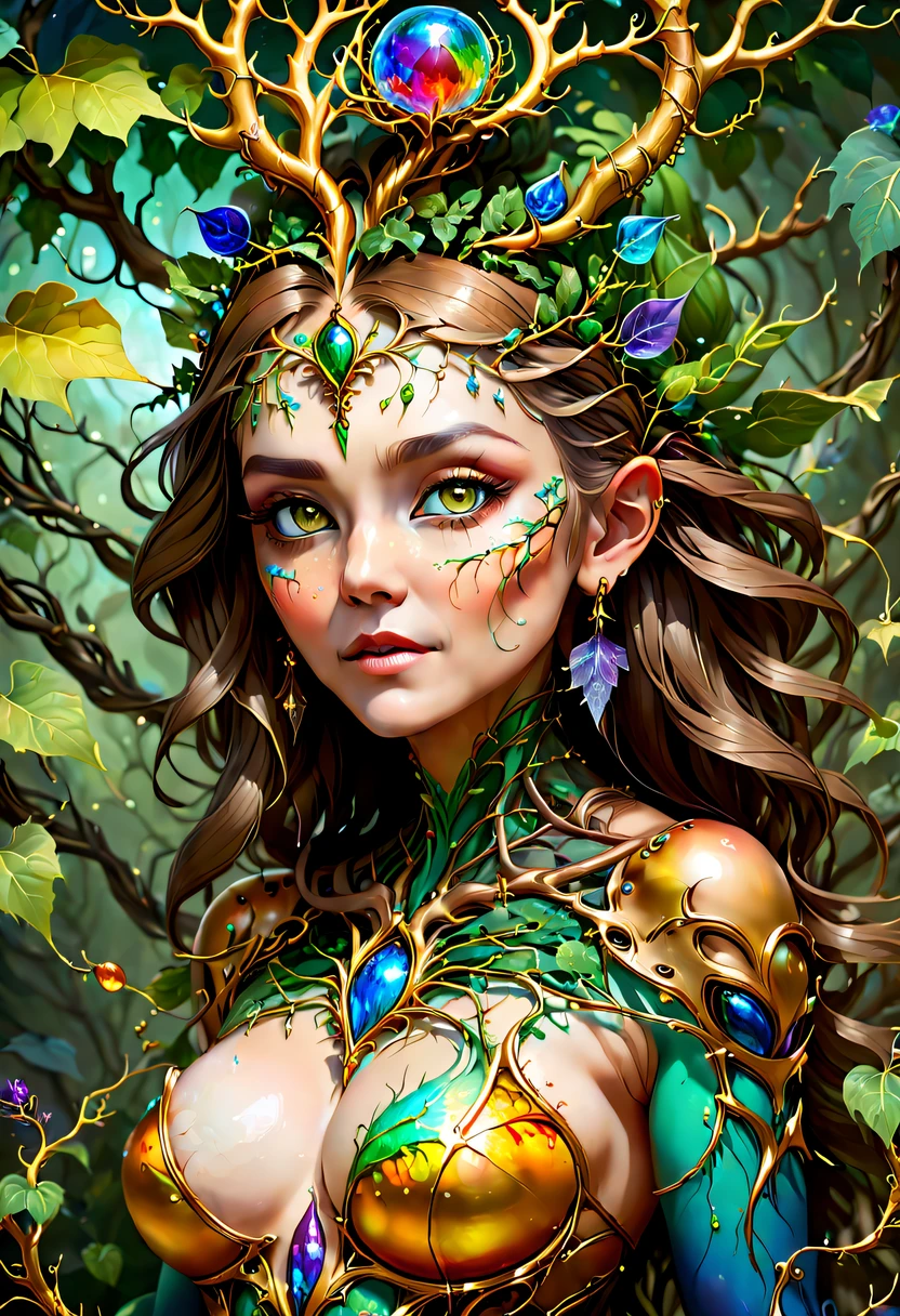 Plant Maiden，Vine Princess，Witch of Thorns，Beautiful line art photo，Use gold strokes and rainbow paint，Golden Maiden，the golden ratio，Melted wax，Visible brush strokes，surrounded by crystal spheres，3D Mosaic Wireframe，neuroimaging，neurons，The Tree of Life，colours，California，intense emotion，Oil on canvas，Thick strokes，insanely details，8k ultra high definition，tmasterpiece，art  stations，ultra-realistic realism，plant witch，Vine Queen，Witch of Thorns