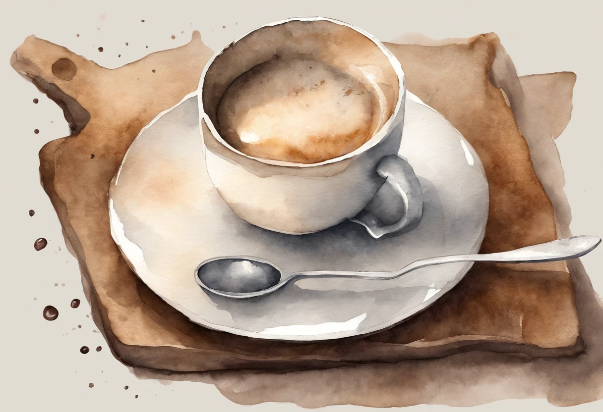 Background with: This image is a watercolor painting，Presents soft colors and subtle gradients。The background of the picture is a rough white paper，Scattered with faint traces of watercolor。

main body: In the center of the picture is a cup full of coffee，The plate below it and the spoon beside it form the main body of the picture.。

Ccup: The cup has smooth edges and an ear-shaped handle，The whole body presents elegant curves。Its color is a warm sky blue，With darker watercolor flecks on it，Create a mottled light and shadow effect。

Content: The liquid in the cup is dark brown coffee，There are a few grains of coffee powder floating on the surface。There are still a few bubbles on the surface of the coffee，Looks like it&#39;s just been brewed。

saucer: The color of the saucer matches the cup，The shape is simple，Slightly raised edges，It gives a solid feeling。

spooning: Put the spoon next to the plate，Its reflective surface contrasts with the surrounding watercolor style，Spoon handle is slender，Spoon head is rounded。

styled: The overall style is simple and exquisite，The use of watercolor gives a sense of tranquility and relaxation，The choice of colors and rendering creates a warm atmosphere。

signatures: There is the author&#39;s signature and year at the bottom of the screen.，“Kini Grago Moan, &#39;16&quot;，Work shown was completed in 2016。