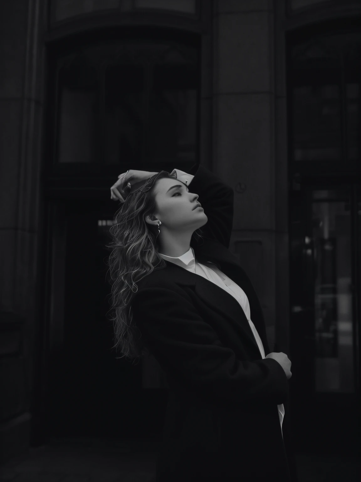 arafed woman in a black coat and white shirt standing in front of a building, by Emma Andijewska, portrait featured on unsplash, shot on leica sl2, shot on canon eos r 5, shot on canon eos r5, thoughtful pose, shot with sony alpha, captured on canon eos r 6, shot on sony a 7