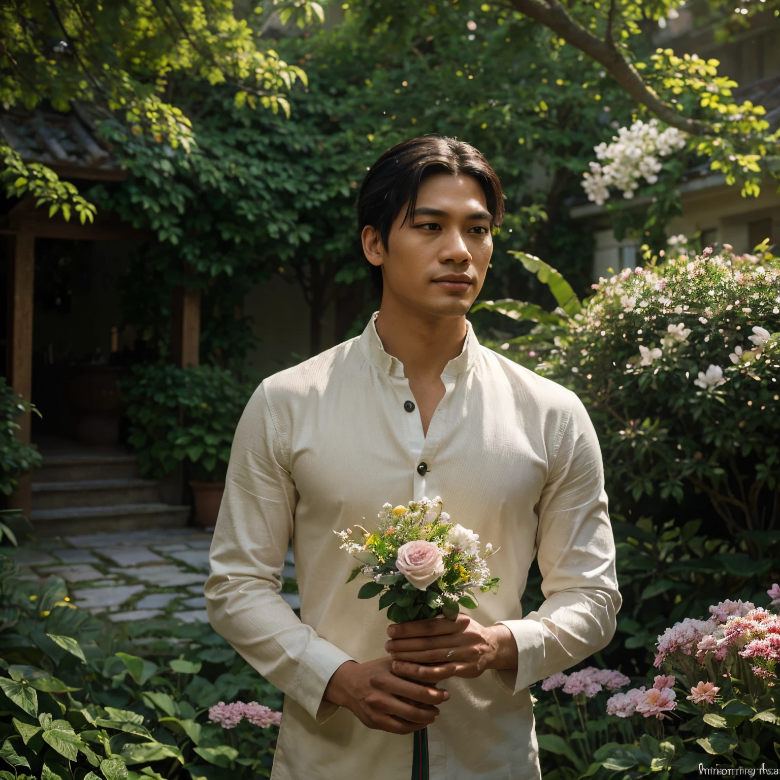 A stunning masterpiece featuring Jefferson Cabatit in a vibrant garden setting. The artwork is created with intricate details and realistic portrayal, emphasizing his beautiful detailed eyes, exact facial features, and long eyelashes. The high-resolution image is captured with professional photography techniques and boasts vivid colors and sharp focus. The garden surrounds him, abundant with blooming flowers, lush greenery, and sunlight filtering through the leaves. The atmosphere is enchanting, with a dream-like quality enhanced by the warm tones and ethereal lighting. The artwork is rendered in a painterly style, combining elements of 3D rendering and illustrations. Through the artist's skillful handling, the artwork achieves a balance between realism and artistic interpretation. The scene exudes a sense of tranquility and joy, capturing Jefferson's elegance and charismatic presence as he enjoys the serenity of the garden. The artwork evokes a feeling of wonder and appreciation for the beauty of nature and the human spirit.