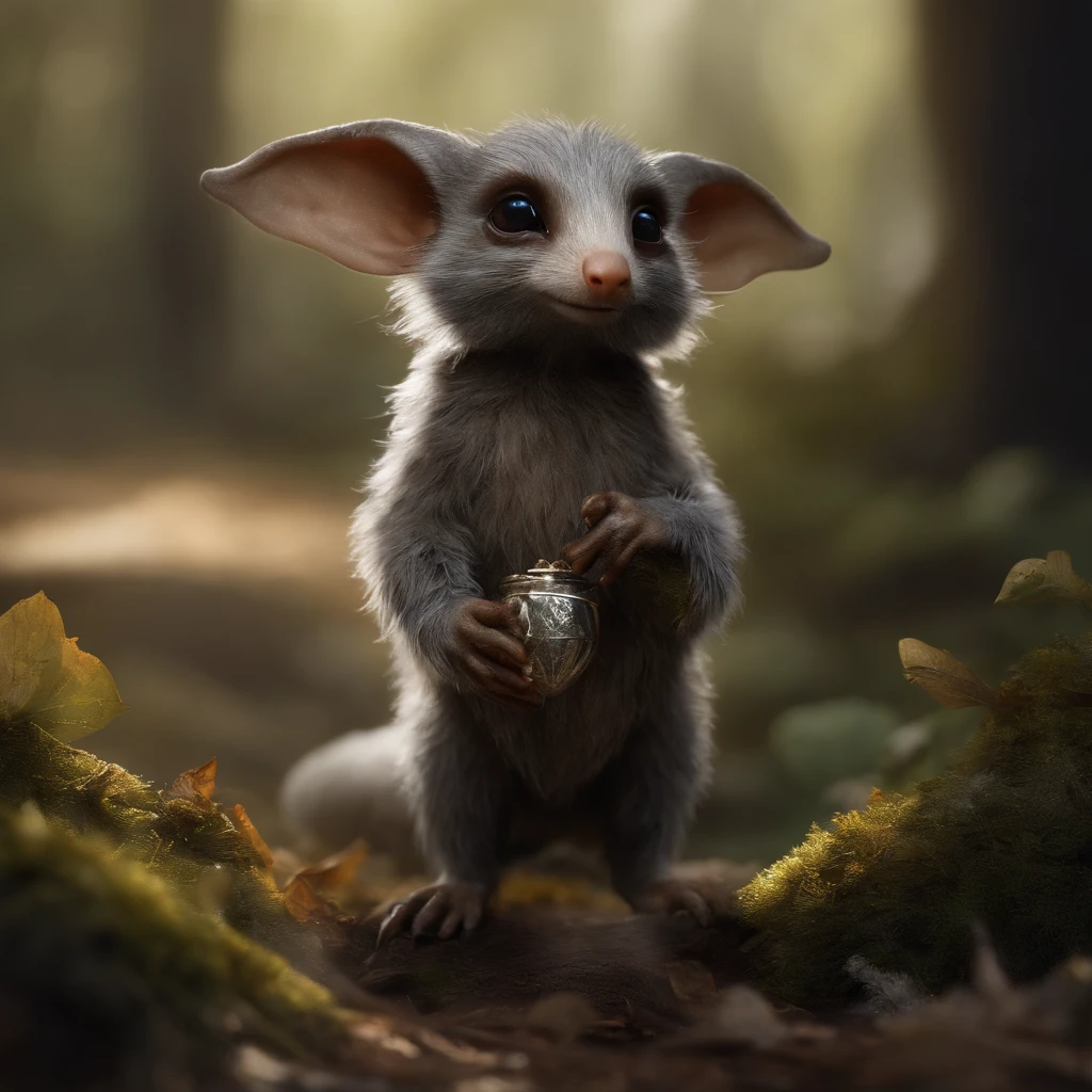 gremlin, mole-like, bright silver and brown, short tail, shaggy, Dressed in a tunic, large ears, covered with silver fur, water, stands on the shore, Best Quality, Masterpiece, in style of dark fantasy art, gremlin, mole-like, holding a huge acorn in his paws, bright silver and brown, long tail, elongated nose,, huge ears, covered with silver fur,tousled, five toes on each paw, holding a huge acorn in his paws, I&#39;m standing in a forest clearing under the foliage of bast., acorns lie in the clearing, acorns glow, Crickets fly, Best Quality, Masterpiece, in style of dark fantasy art, fantasy-inspired, in the style of John Tolkien,  (CBZBB:1.25), ((gremlin),Zhkute, Small, baby, Beautiful, Fantasy art, deviant art, trending artstation, Digital Art, Detailed, Realistic, humanoid, character, tiny, Cinematic shot, cinematic portrait of a mole