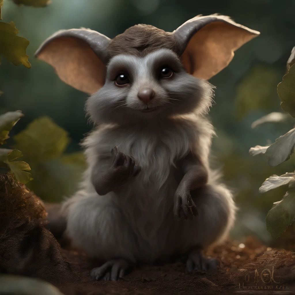 gremlin, mole-like, bright silver and brown, short tail, shaggy, Dressed in a tunic, large ears, covered with silver fur, water, stands on the shore, Best Quality, Masterpiece, in style of dark fantasy art, gremlin, mole-like, holding a huge acorn in his paws, bright silver and brown, long tail, elongated nose,, huge ears, covered with silver fur,tousled, five toes on each paw, holding a huge acorn in his paws, I&#39;m standing in a forest clearing under the foliage of bast., acorns lie in the clearing, acorns glow, Crickets fly, Best Quality, Masterpiece, in style of dark fantasy art, fantasy-inspired, in the style of John Tolkien,  (CBZBB:1.25), ((gremlin),Zhkute, Small, baby, Beautiful, Fantasy art, deviant art, trending artstation, Digital Art, Detailed, Realistic, humanoid, character, tiny, Cinematic shot, cinematic portrait of a mole