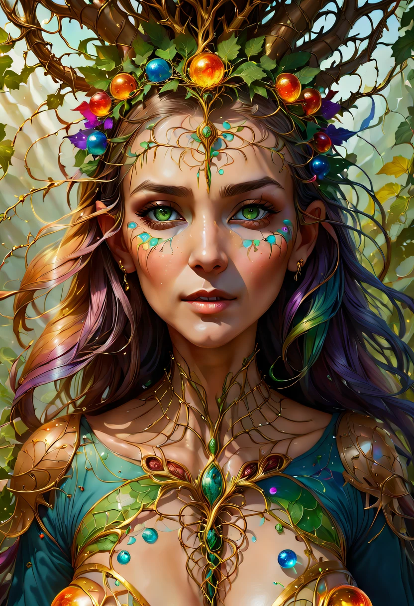 Plant Maiden，Vine Princess，Witch of Thorns，Beautiful line art photo，Use gold strokes and rainbow paint，Golden Maiden，the golden ratio，Melted wax，Visible brush strokes，surrounded by crystal spheres，3D Mosaic Wireframe，neuroimaging，neurons，The Tree of Life，colours，California，intense emotion，oil on the canvas，Thick strokes，insanely details，8k ultra high definition，tmasterpiece，art  stations，ultra-realistic realism，plant witch，Vine Queen，Witch of Thorns