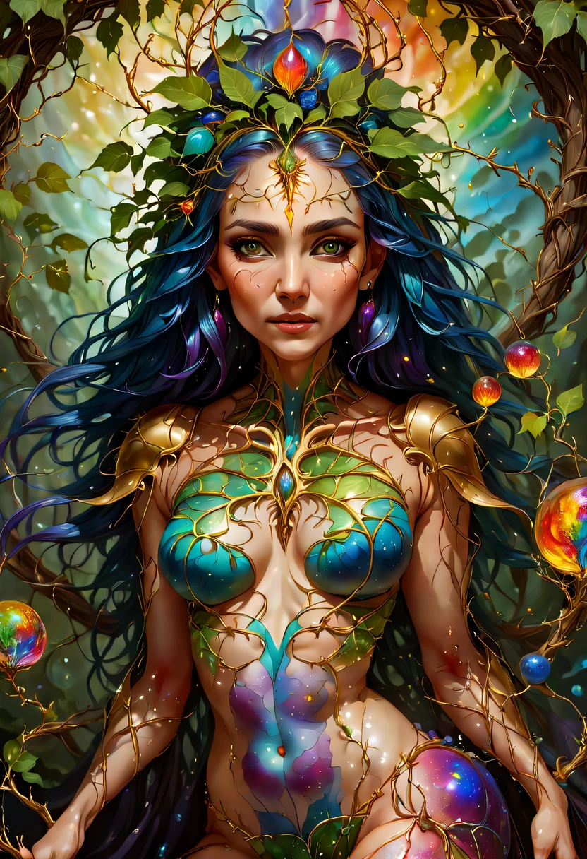 Plant Maiden，Vine Princess，Witch of Thorns，Beautiful line art photo，Use gold strokes and rainbow paint，Golden Maiden，the golden ratio，Melted wax，Visible brush strokes，surrounded by crystal spheres，3D Mosaic Wireframe，neuroimaging，neurons，The Tree of Life，colours，California，intense emotion，oil on the canvas，Thick strokes，insanely details，8k ultra high definition，tmasterpiece，art  stations，ultra-realistic realism，plant witch，Vine Queen，Witch of Thorns