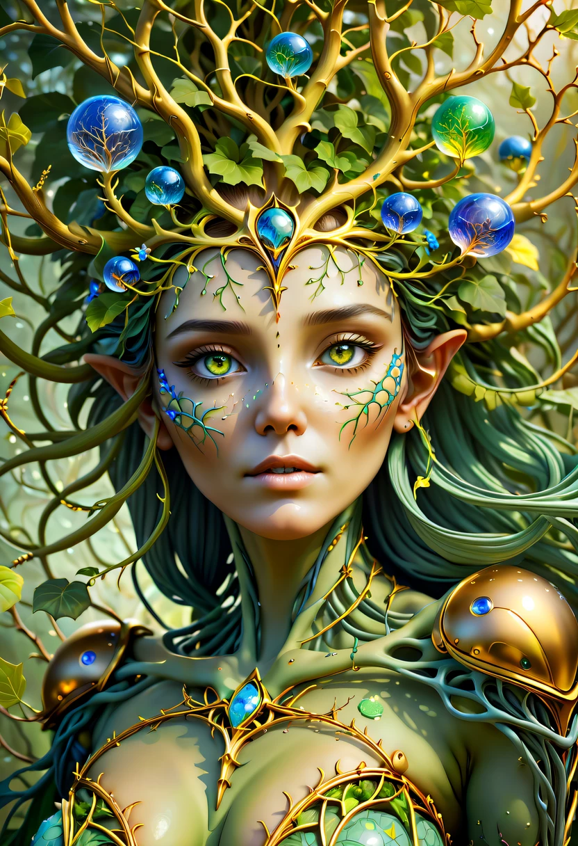 Plant Maiden，Vine Princess，Witch of Thorns，Beautiful line art photo，Use gold strokes and rainbow paint，Golden Maiden，the golden ratio，Melted wax，Visible brush strokes，surrounded by crystal spheres，3D Mosaic Wireframe，neuroimaging，neurons，The Tree of Life，colours，California，intense emotion，oil on the canvas，Thick strokes，insanely details，8k ultra high definition，tmasterpiece，art  stations，ultra-realistic realism，plant witch，Vine Queen，Witch of Thorns