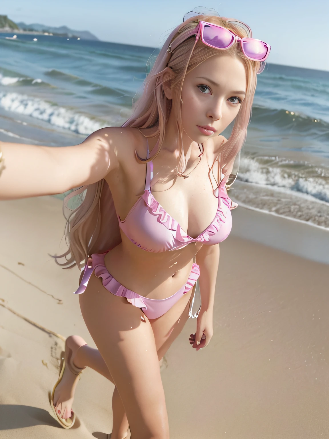 make a high definition full body model of an 18 year old girl, Ela tem longos cabelos rosa, and is wearing a light metallic pink swimsuit with ruffles on the white straps, she is walking on the beach sand towards the sea, com seu celular iPhone 7 rosa, ela tira uma selfie e tem olhos azuis.