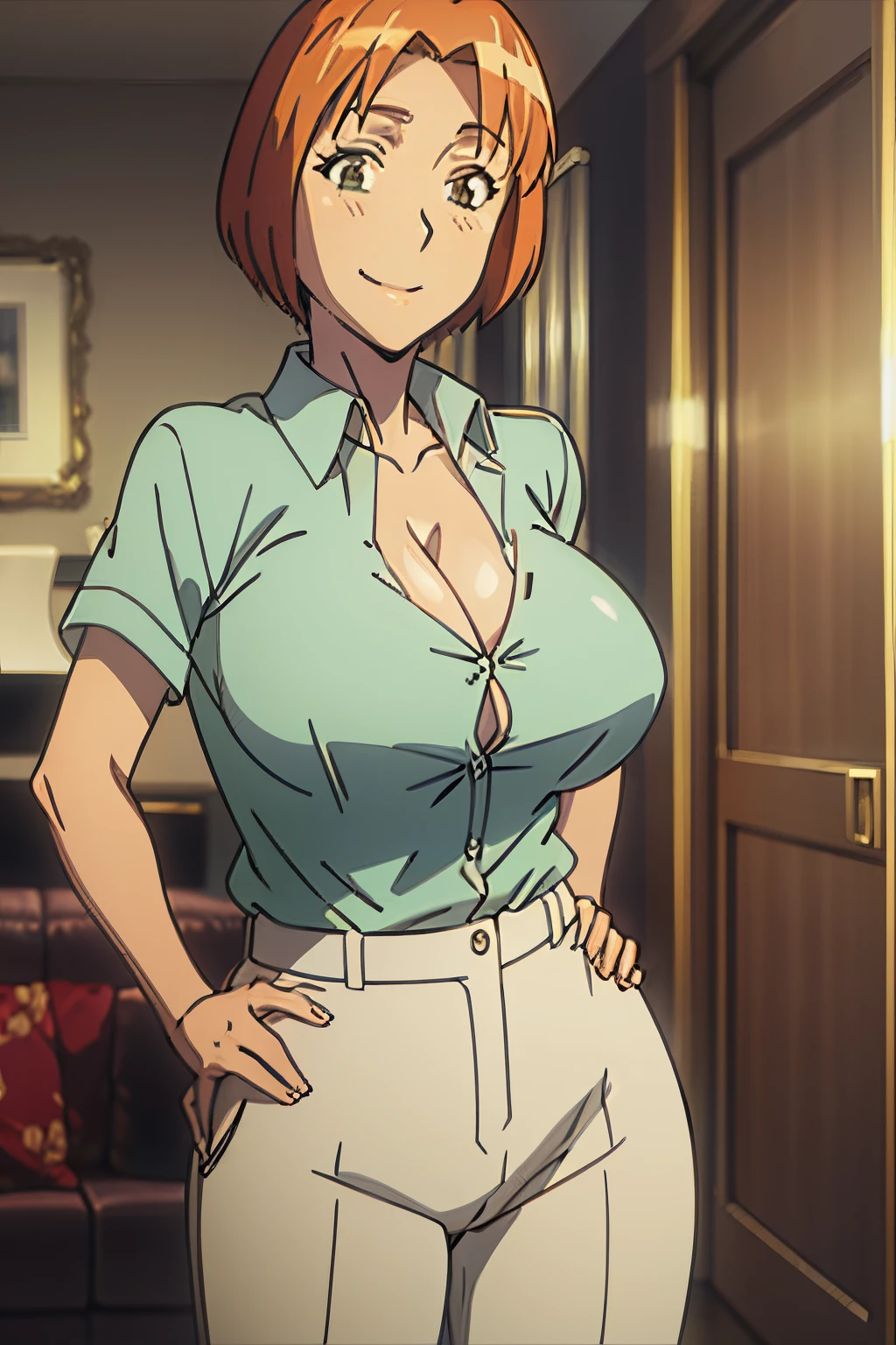 masterpiece, best quality, extreme detail,, 8k, detailed face,43yo woman, (lois_pacen), (prominent aquiline nose:1.25) orange hair, short hair, living room, huge breasts,collared button-down great shirt with (rolled up sleeves:1.15) and (flat-front khaki pants:1.1),green shirt, beige pants, hand on hip, smiling,cleavage, smiling, upper body,