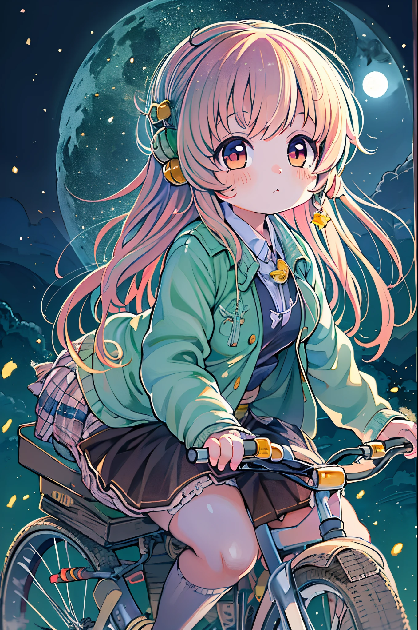 Anime girl riding a bicycle in the moonlight with a full moon in the background, anime moe art style, Mikudayo, Chibi Anime Girl, Chibi Girl, anime chibi, watercolor Nendoroid, Cute anime girl, (Anime Girl), Chibi Art, Cute art style, Anime visuals of cute girls, Chibi Anime, pixiv, Cute Anime, Starry sky!!