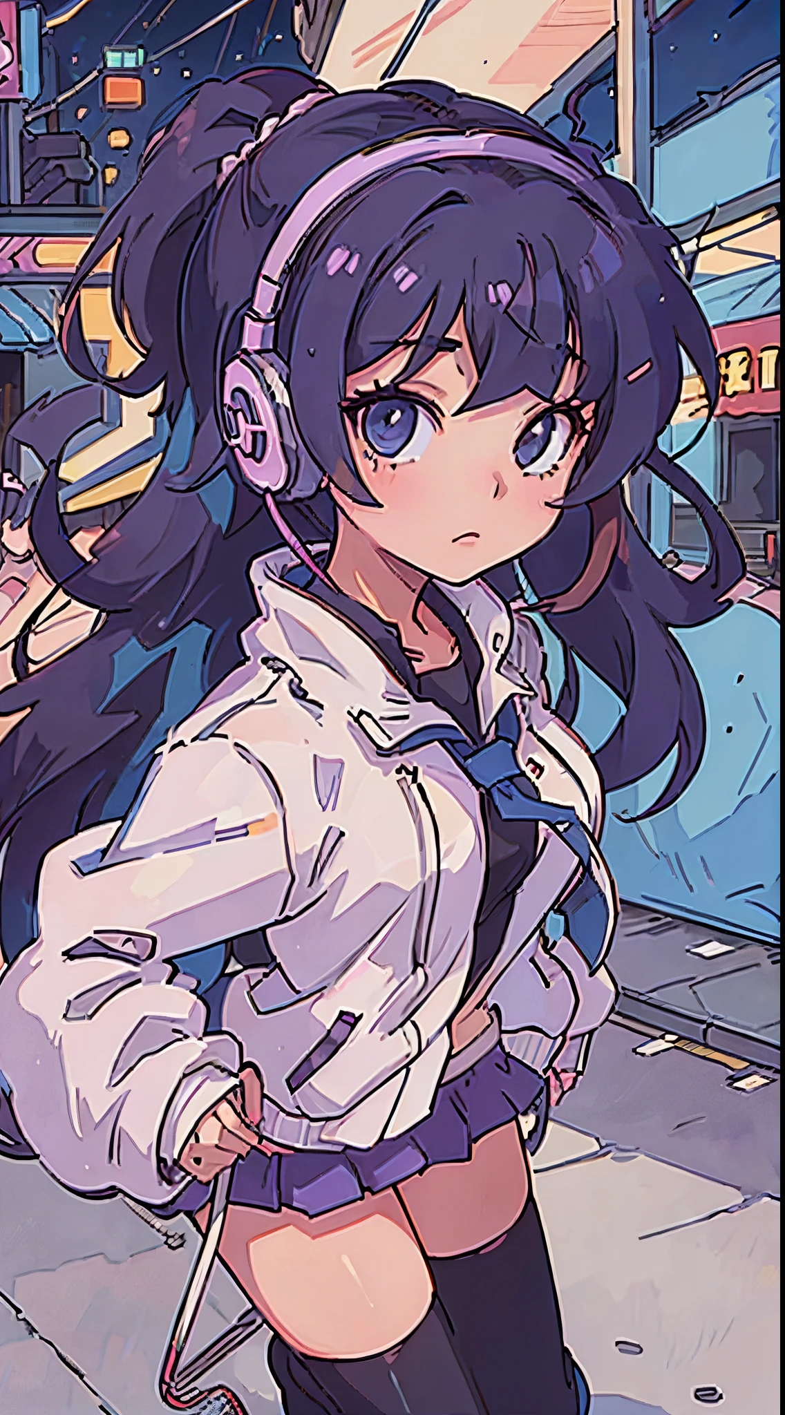 an anime stylish girl with a headphone, high school, night street, 1990s anime