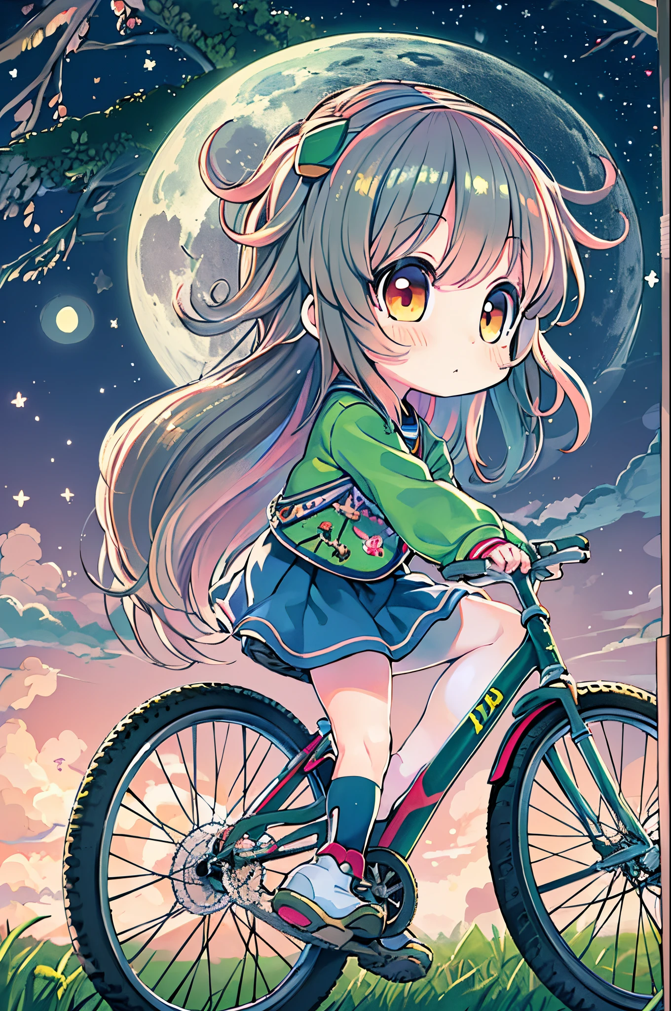 Anime girl riding a bicycle in the moonlight with a full moon in the background, anime moe art style, Mikudayo, Chibi Anime Girl, Chibi Girl, anime chibi, watercolor Nendoroid, Cute anime girl, (Anime Girl), Chibi Art, Cute art style, Anime visuals of cute girls, Chibi Anime, pixiv, Cute Anime, Starry sky!!