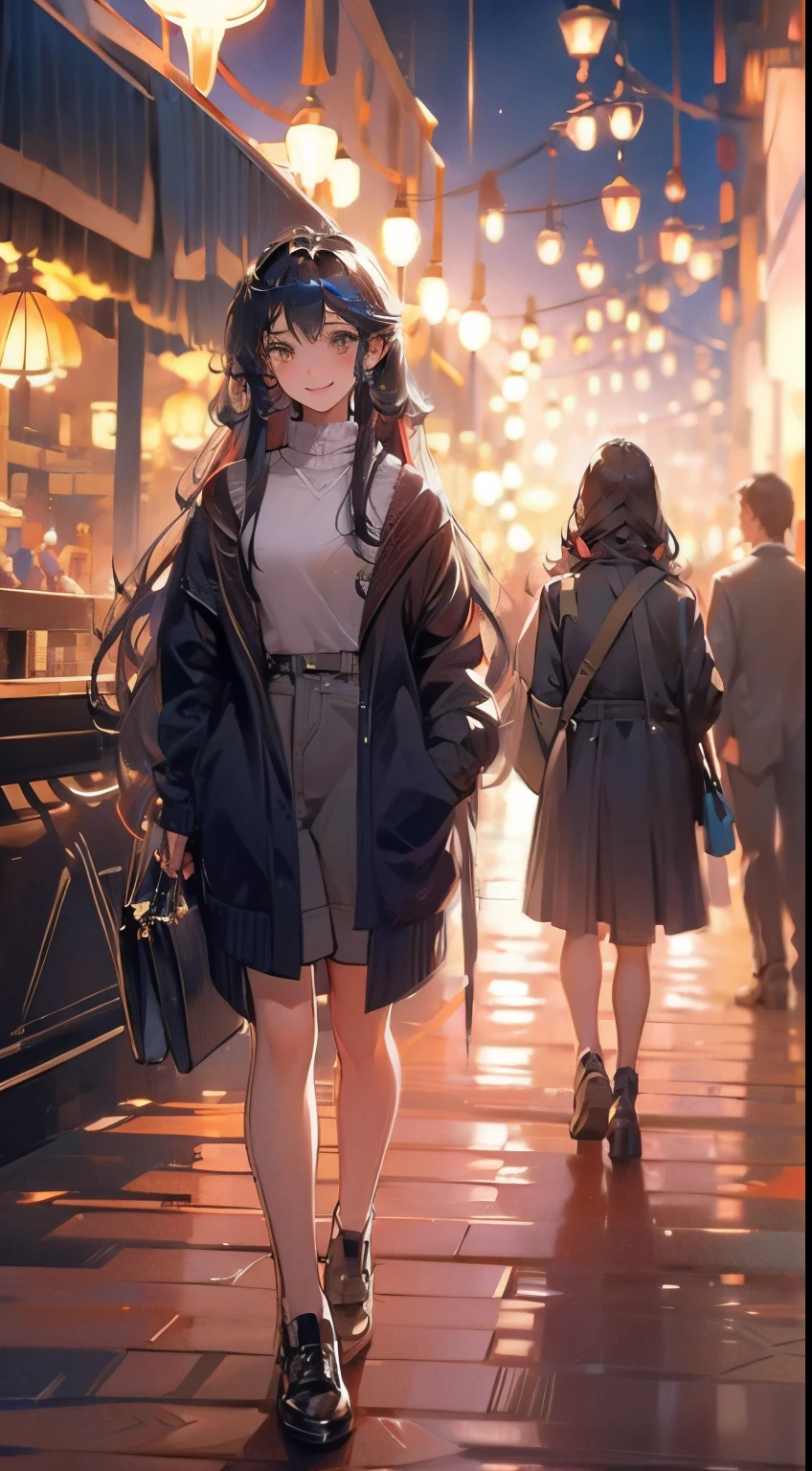 Estilo anime, noite, Sala de estar, Mulher adulta frontal ethinic random, hair multcolor aleathory, sorriso malicioso, walking in streets