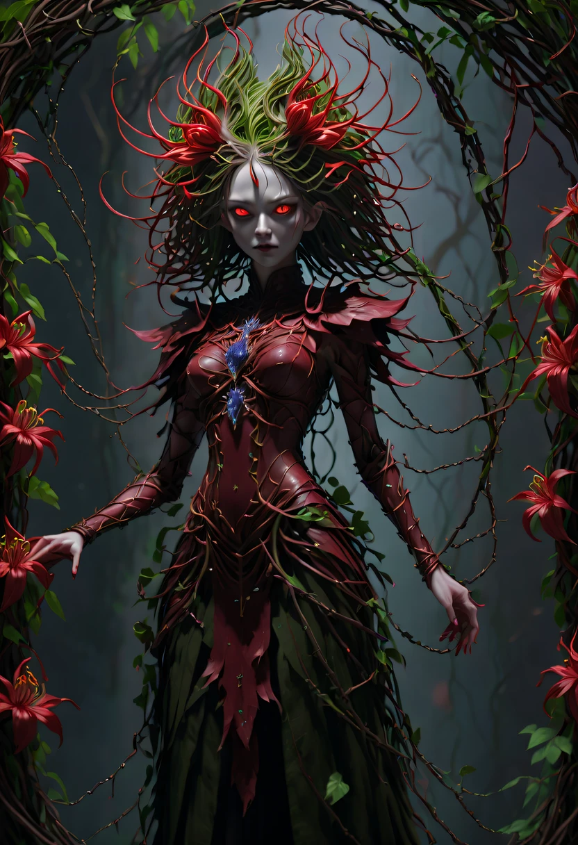 A magical girl whose body is made of vines, plant witch，Vine Queen，Witch of Thorns，Vines weave into a sculpture of a girl，vines woven into clothing，(Crazy vines intricate:1.3)，(Lycoris close-up:1.5)，Flower of the other shore is charming，Mysterious Manzhu Shahua，Bloody ghost flowers blooming at the gate of hell，Leading the soul to the afterlife，Evil charm，Flirtatious，Excellent，witch womloy iron flower，Alloy vines are woven into a magical girl,Magical girl has iron flowers on her head，heavy metal style，metal art，flower made of iron，iron leaf，Full metallic luster，Metal texture in the post-industrial era，Crafts made from twisted alloy wire，gold flowers，Iron flower，Silver flower，metal tree branch，a crystal pendant，Emerald inlay，Carefully crafted，Perfect craftsmanship，Magic lightning background，blue lightning，There are fairies，dark fantasy style art, dark flower shaman, dark fantasy concept art, bloodborne concept art, dark concept art, Bloody ghost flower, Diablo digital concept art, dark fantasy art style, Dark flowers, 🌺 Computer Graphics Association, bloodborne art, tmasterpiece，art  stations，ultra-realistic realism，plant witch，Vine Queen，Witch of Thorns，photorealistic dark concept art, Concept film, Reuven Tan，Painting of woman weaving vines standing in front of devil, goddess of death, author：heroes, beautiful death goddess, beautiful elegant demon queen, dark fantasy style art, portrait of death, onmyoji detailed art, Persephone as the goddess of death, beautiful necromancer, Ominous fantasy illustration