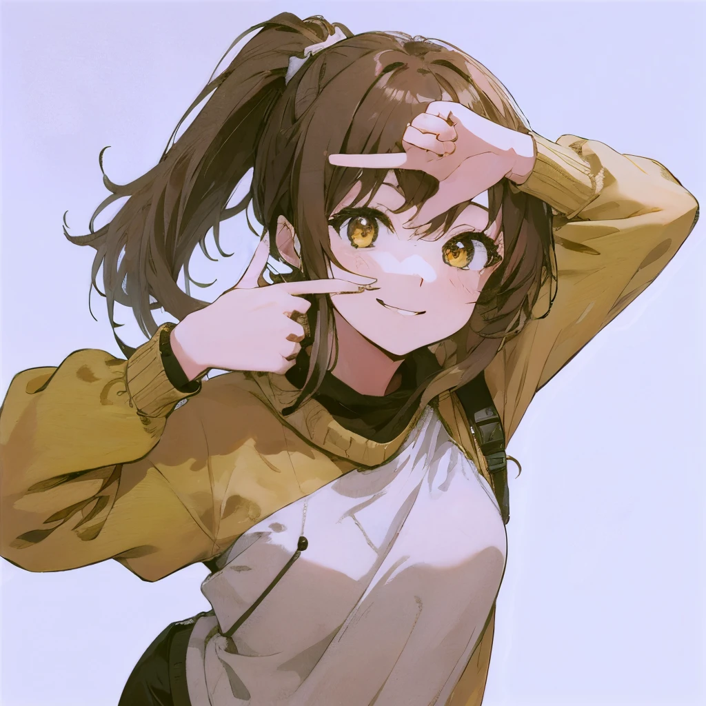 【Highest Quality, masutepiece】 [girl, Manteau, expressioness,dark orange eyes, front facing,dark brown hair,Long ponytail hair,yellow knit fabric, Upper body] (Gray white background:1.2),Very happy smile,tits out,