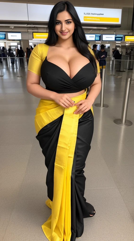 Indian 23 years old beautiful sexy girl beautiful modern deferent modern colorful yellow t-shirt and wiring Banaras yellow saree, big c-cup breast, deferent modern hairstyle, bright eyes, thin eyebrows, fair skin, blushing cheeks, prefect curvy body, head to thigh view, smiling face, Kamasutra expression, standing on beautiful airport different background, ultra realistic, head to thigh view, black hair, cleavage, beautiful night view