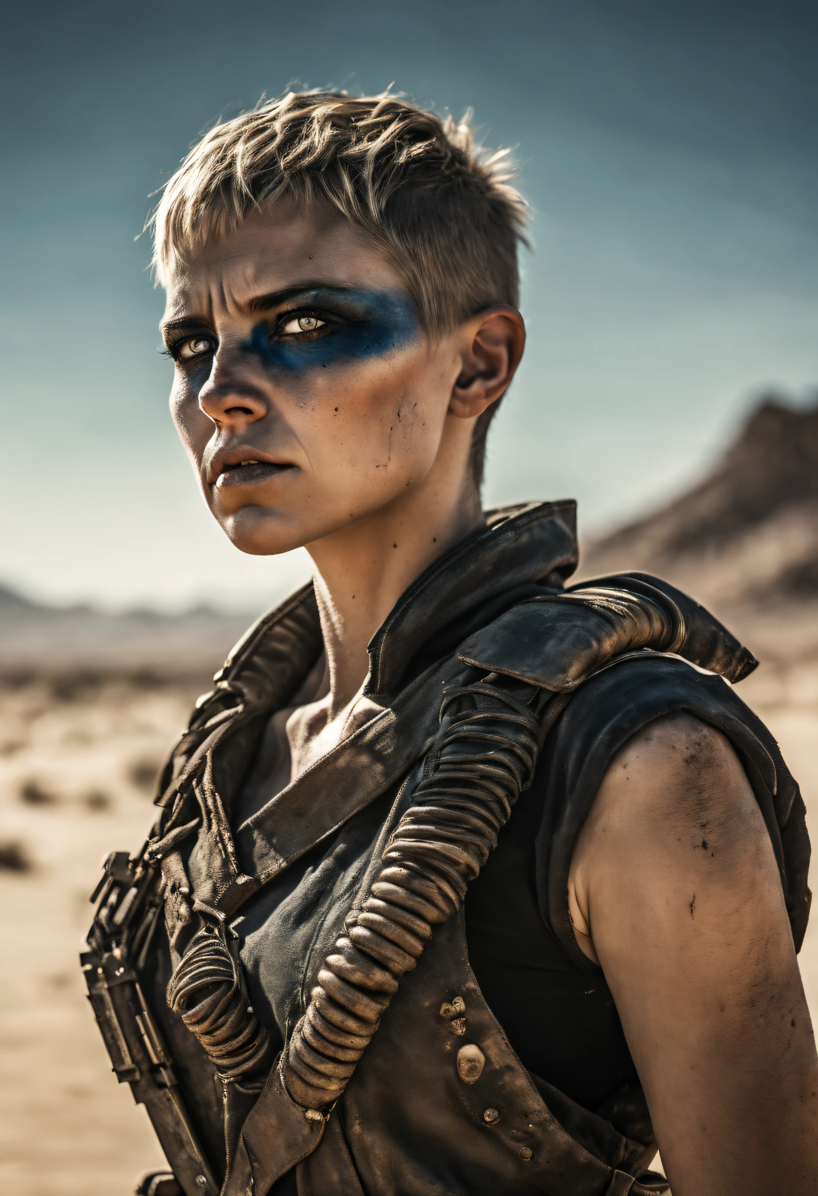 Furioso,Mad Max,Mulher magra,short hair,rosto pintado,Meio preto,enormes olhos azuis,illustration,circunstanciado,rosto e olhos altamente detalhados,fundo do deserto,fierce expression,dystopians style,color grading:Contraste,low key lighting,Altas,arte conceitual,Action,post apocalyptic,corajoso,beleza dura,forza,Ferocidade,valentia,survival,areia,dust,Motocicletas,guerreiro da estrada,tinta de guerra,Lone Warrior,autorizado,Rebeldes,Strength in adversity,desafio,ousado,determinado,O Escolhido,Grave,destemido,vigilante,unyielding,grain,sobrevivendo contra todas as probabilidades,robusto,Relentless,corajoso,Leader,engenhoso,roupas esfarrapadas,perigoso,explosivo,aventura,emocionante,supremacia do deserto,dominance,calor escaldante,resistance,hero of darkness,unshakable,confrontation,vivid colors,terreno acidentado,heroine,energia,intenso,vigor,sacrifice,epic showdown,Thunder Dome,action-packed,post-apocalyptic world,Adrenalina,Teste final,Thrilling chase,relentless landscape,desolation,post-collapse society,inporial wastelands,Remnants of civilization,beleza robusta,fim dos dias,um teste de vontades,Battle for survival,Apocalyptic War.
