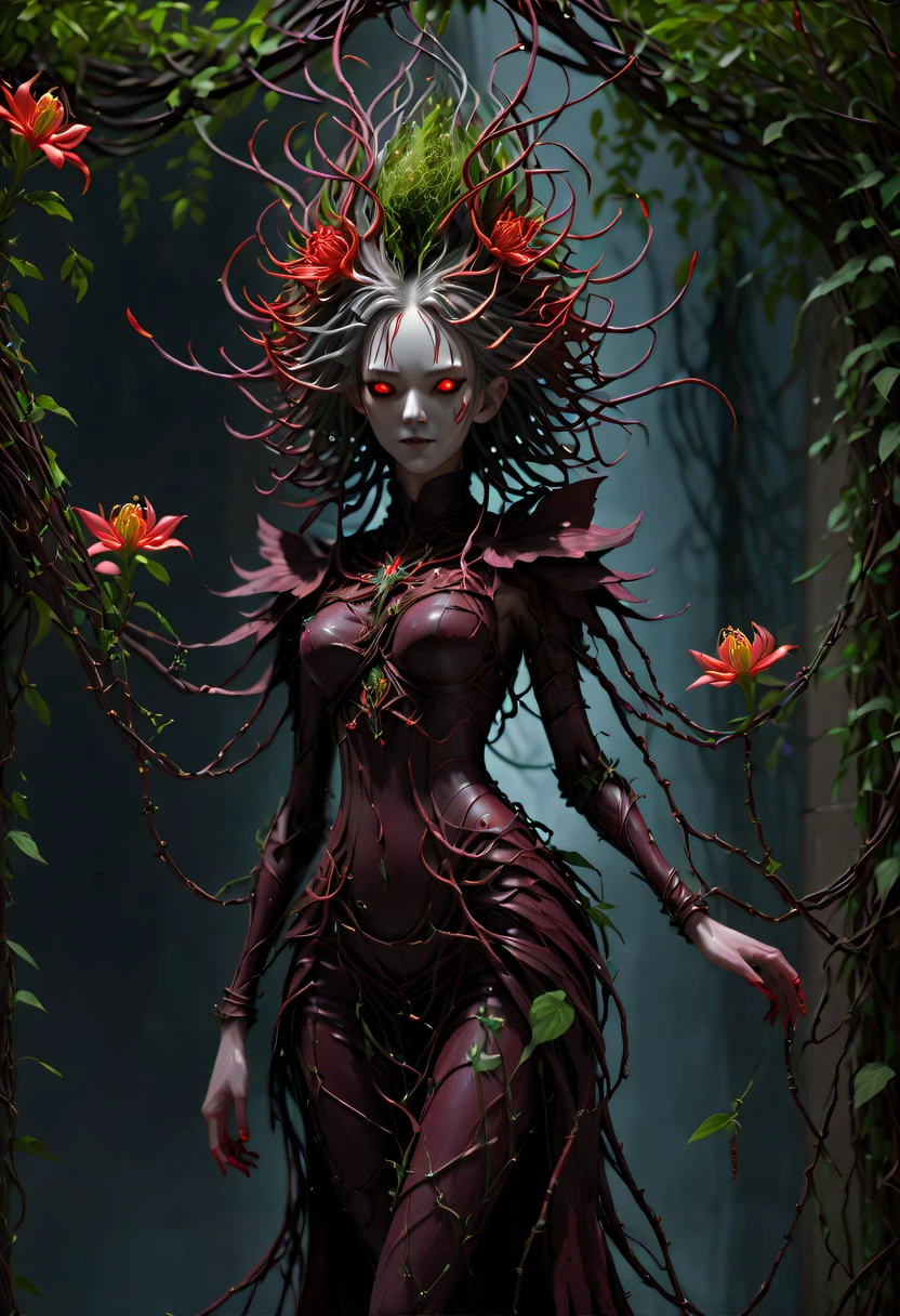 A magical girl whose body is made of vines, plant witch，Vine Queen，Witch of Thorns，Vines weave into a sculpture of a girl，vines woven into clothing，(Crazy vines intricate:1.3)，(Lycoris close-up:1.5)，Flower of the other shore is charming，Mysterious Manzhu Shahua，Bloody ghost flowers blooming at the gate of hell，Leading the soul to the afterlife，Evil charm，Flirtatious，Excellent，witch womloy iron flower，Alloy vines are woven into a magical girl,Magical girl has iron flowers on her head，heavy metal style，metal art，flower made of iron，iron leaf，Full metallic luster，Metal texture in the post-industrial era，Crafts made from twisted alloy wire，gold flowers，Iron flower，Silver flower，metal tree branch，a crystal pendant，Emerald inlay，Carefully crafted，Perfect craftsmanship，Magic lightning background，blue lightning，There are fairies，dark fantasy style art, dark flower shaman, dark fantasy concept art, bloodborne concept art, dark concept art, Bloody ghost flower, Diablo digital concept art, dark fantasy art style, Dark flowers, 🌺 Computer Graphics Association, bloodborne art, tmasterpiece，art  stations，ultra-realistic realism，plant witch，Vine Queen，Witch of Thorns，photorealistic dark concept art, Concept film, Reuven Tan，Painting of woman weaving vines standing in front of devil, goddess of death, author：heroes, beautiful death goddess, beautiful elegant demon queen, dark fantasy style art, portrait of death, onmyoji detailed art, Persephone as the goddess of death, beautiful necromancer, Ominous fantasy illustration