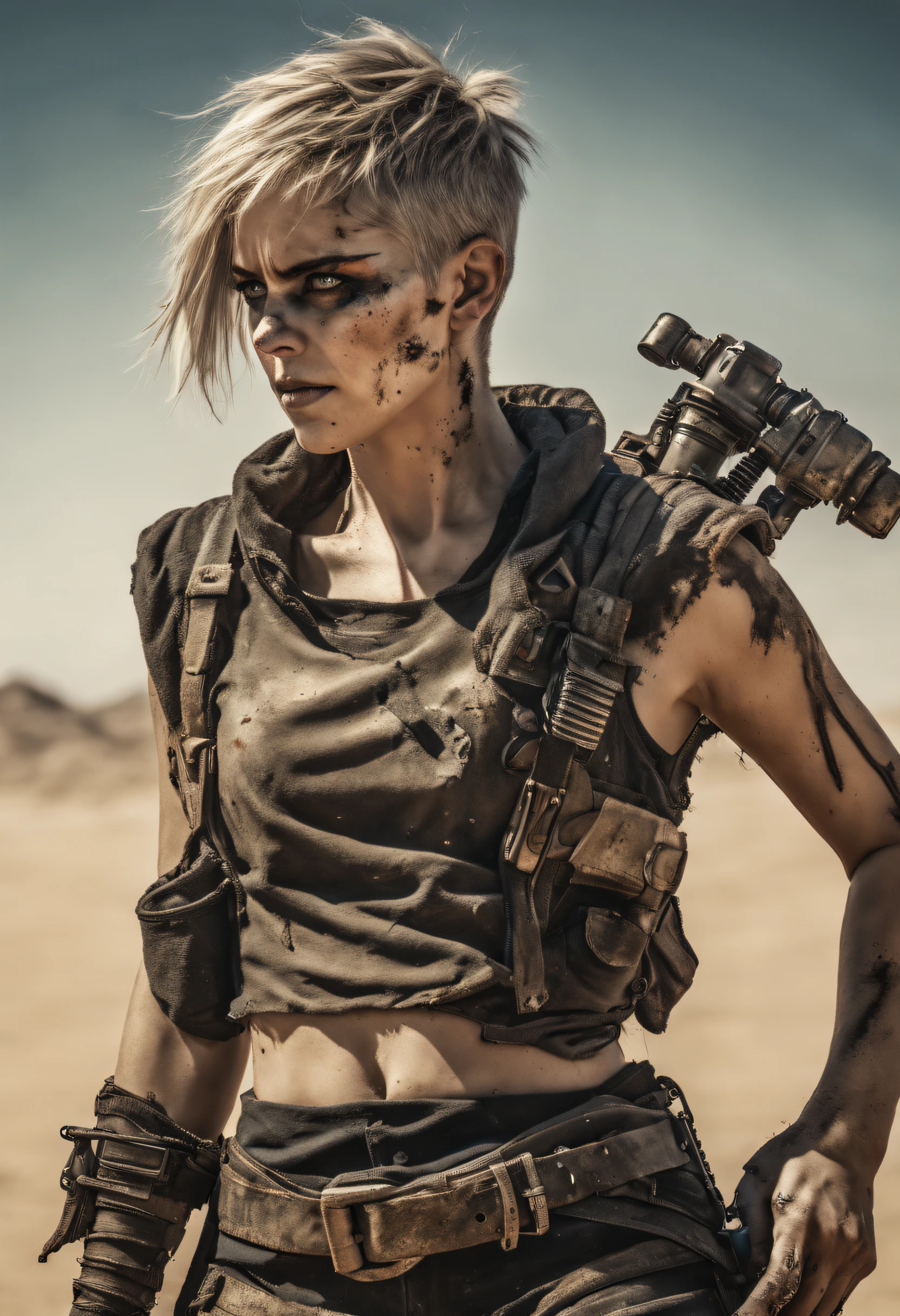 Furioso,Mad Max,thin woman with robotic arm, short hair,rosto pintado,Meio preto,enormes olhos azuis,illustration,circunstanciado,rosto e olhos altamente detalhados,fundo do deserto,fierce expression,dystopians style,color grading:Contraste,low key lighting,Altas,arte conceitual,Action,post apocalyptic,corajoso,beleza dura,forza,Ferocidade,valentia,survival,areia,dust,Motocicletas,guerreiro da estrada,tinta de guerra,Lone Warrior,autorizado,Rebeldes,Strength in adversity,desafio,ousado,determinado,O Escolhido,Grave,destemido,vigilante,unyielding,grain,sobrevivendo contra todas as probabilidades,robusto,Relentless,corajoso,Leader,engenhoso,roupas esfarrapadas,perigoso,explosivo,aventura,emocionante,supremacia do deserto,dominance,calor escaldante,resistance,hero of darkness,unshakable,confrontation,vivid colors,terreno acidentado,heroine,energia,intenso,vigor,sacrifice,epic showdown,Thunder Dome,action-packed,post-apocalyptic world,Adrenalina,Teste final,Thrilling chase,relentless landscape,desolation,post-collapse society,inporial wastelands,Remnants of civilization,beleza robusta,fim dos dias,um teste de vontades,Battle for survival,Apocalyptic War.