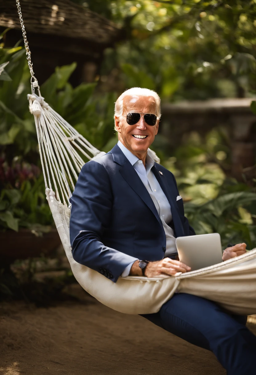 A photo of Joe Biden lazily lounging in a cozy hammock amidst a lush garden,original, Joe Biden, the President of the United States, is typically seen in a suit and tie, often with a smile and aviator sunglasses, which have become somewhat of a trademark look for him. He has white hair, blue eyes, and is known for his friendly demeanor., male