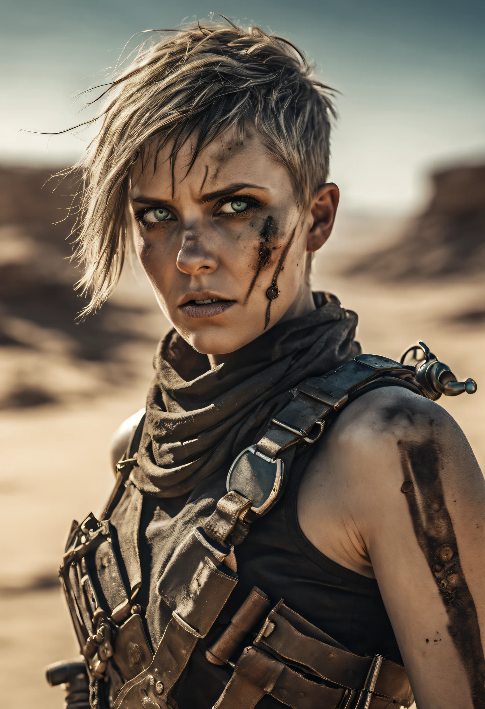 Furioso,Mad Max,thin woman with robotic arm, short hair,rosto pintado,Meio preto,enormes olhos azuis,illustration,circunstanciado,rosto e olhos altamente detalhados,fundo do deserto,fierce expression,dystopians style,color grading:Contraste,low key lighting,Altas,arte conceitual,Action,post apocalyptic,corajoso,beleza dura,forza,Ferocidade,valentia,survival,areia,dust,Motocicletas,guerreiro da estrada,tinta de guerra,Lone Warrior,autorizado,Rebeldes,Strength in adversity,desafio,ousado,determinado,O Escolhido,Grave,destemido,vigilante,unyielding,grain,sobrevivendo contra todas as probabilidades,robusto,Relentless,corajoso,Leader,engenhoso,roupas esfarrapadas,perigoso,explosivo,aventura,emocionante,supremacia do deserto,dominance,calor escaldante,resistance,hero of darkness,unshakable,confrontation,vivid colors,terreno acidentado,heroine,energia,intenso,vigor,sacrifice,epic showdown,Thunder Dome,action-packed,post-apocalyptic world,Adrenalina,Teste final,Thrilling chase,relentless landscape,desolation,post-collapse society,inporial wastelands,Remnants of civilization,beleza robusta,fim dos dias,um teste de vontades,Battle for survival,Apocalyptic War.