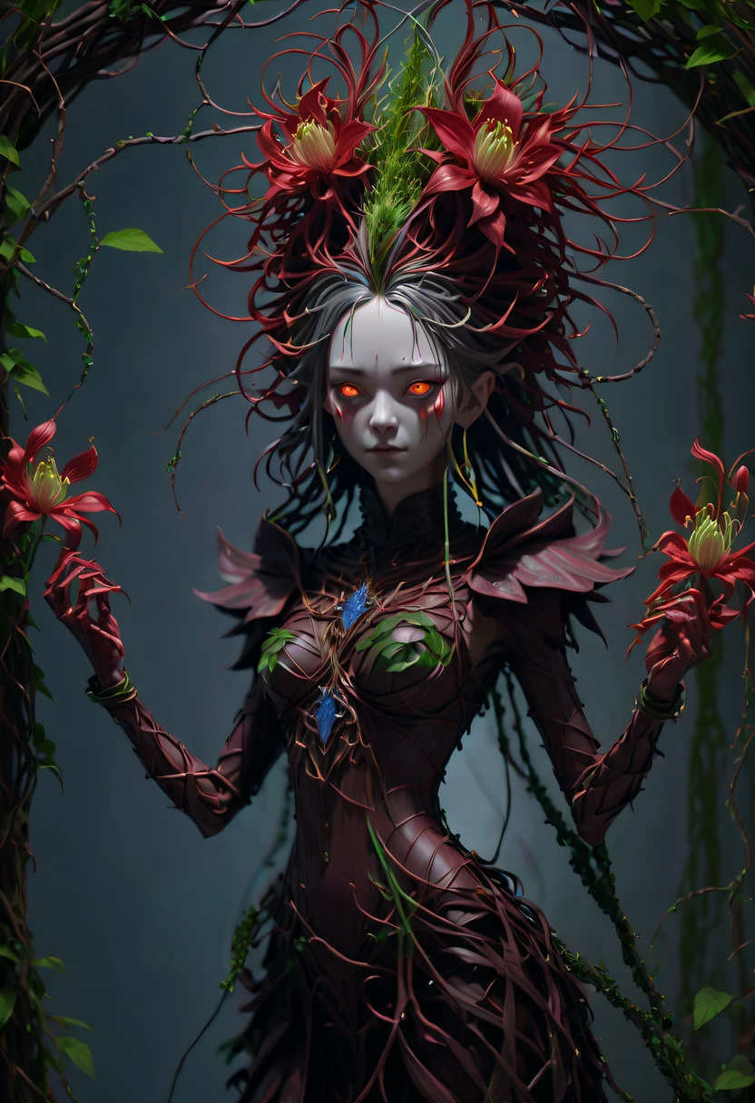 A magical girl whose body is made of vines, plant witch，Vine Queen，Witch of Thorns，Vines weave into a sculpture of a girl，vines woven into clothing，Crazy vines intricate，(Lycoris close-up:1.5)，Flower of the other shore is charming，Mysterious Manzhu Shahua，Bloody ghost flowers blooming at the gate of hell，Leading the soul to the afterlife，Evil charm，Flirtatious，Excellent，witch womloy iron flower，Alloy vines are woven into a magical girl,Magical girl has iron flowers on her head，heavy metal style，metal art，flower made of iron，iron leaf，Full metallic luster，Metal texture in the post-industrial era，Crafts made from twisted alloy wire，gold flowers，Iron flower，Silver flower，metal tree branch，a crystal pendant，Emerald inlay，Carefully crafted，Perfect craftsmanship，Magic lightning background，blue lightning，There are fairies，dark fantasy style art, dark flower shaman, dark fantasy concept art, bloodborne concept art, dark concept art, Bloody ghost flower, Diablo digital concept art, dark fantasy art style, Dark flowers, 🌺 Computer Graphics Association, bloodborne art, tmasterpiece，art  stations，ultra-realistic realism，plant witch，Vine Queen，Witch of Thorns，photorealistic dark concept art, Concept film, Reuven Tan，Painting of woman weaving vines standing in front of devil, goddess of death, author：heroes, beautiful death goddess, beautiful elegant demon queen, dark fantasy style art, portrait of death, onmyoji detailed art, Persephone as the goddess of death, beautiful necromancer, Ominous fantasy illustration