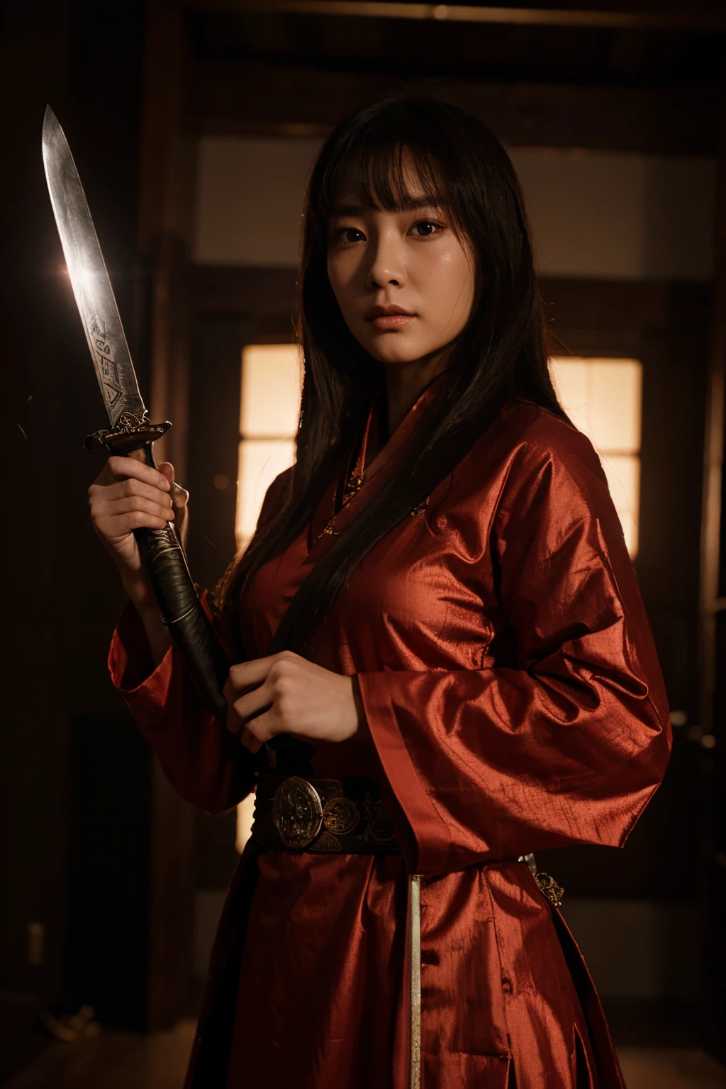 A close-up of a woman holding a sword in a dark room, she is holding a katana sword, iu lee ji-eun as a super villain, she is holding a sword, Toma de retrato, inspirado por Li Mei-shu, red and cinematic lighting, Kinematic. por leng jun, Desde Kenshin, Wuxia de cuerpo completo, Wuxia