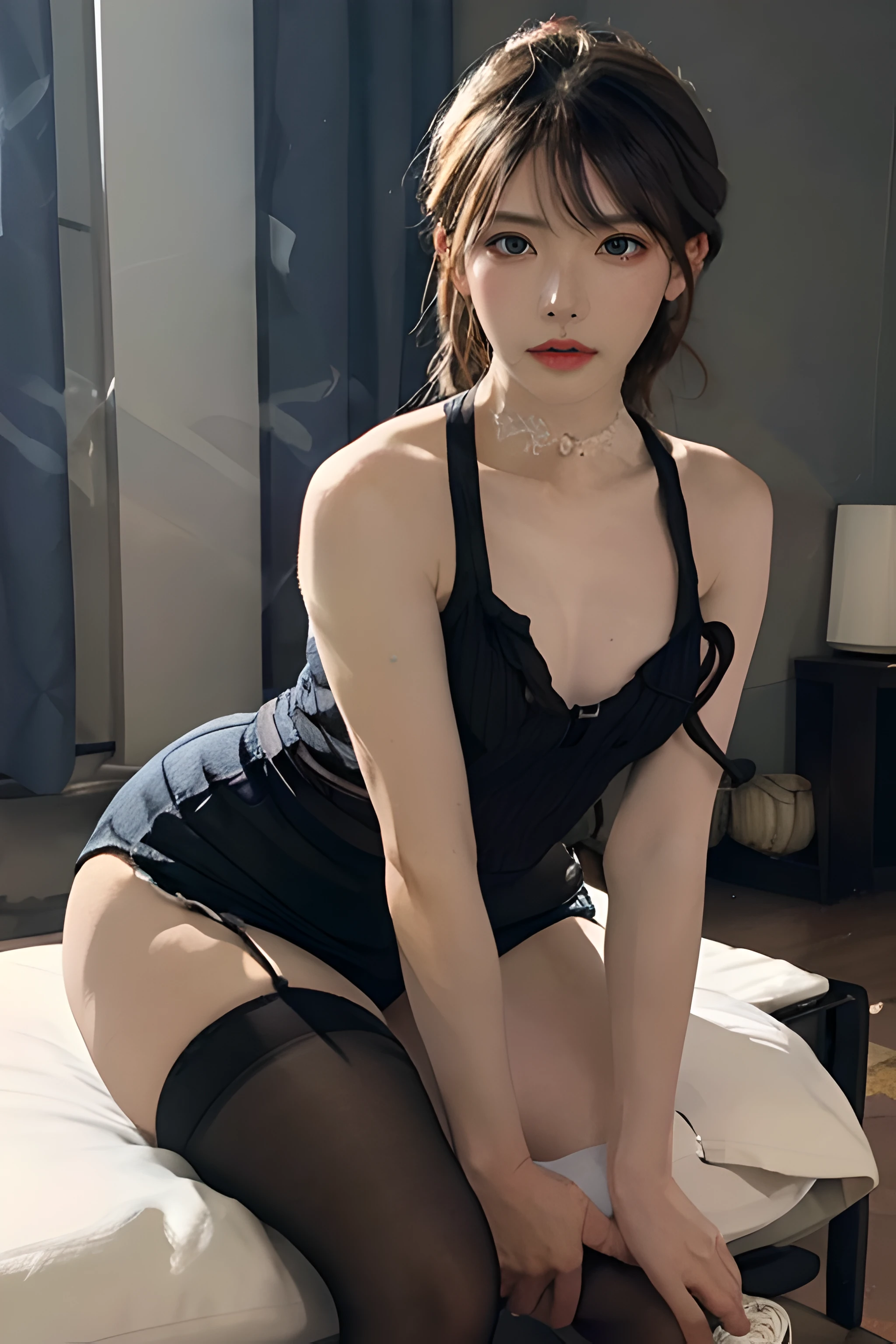 ((Lesbian)), 1boys, son of man, ((trap)), (hyper HD: 1.2), (((tmasterpiece))), (((Best quality at best))), (((The is very detailed))), depth of fields, illustratio, Shiny, pastel colour, offcial art,extremely detaild的 CG unified 8k wallpapers, petty eyes, Skinny Thighs, (((smallunderboob))),Collar,high-heels, , (((Slim but toned body/androgynous body aesthetics))), black pantyhoses,blackstockings,curved butt, dynamic angle,Waist curve, Wide hips, flatchest, Thigh thick, Raise your legs, Vivid poses,(fat), narrow shoulders, pear shaped,french braid, double braid,Rectangular face, long face ,wide chin,Yoo In Na,freckle, Ultra-fine painting, otokonoko,blend,フォトリアリスティック,((The eye:AAV-eimi)),tthin eyebrows,