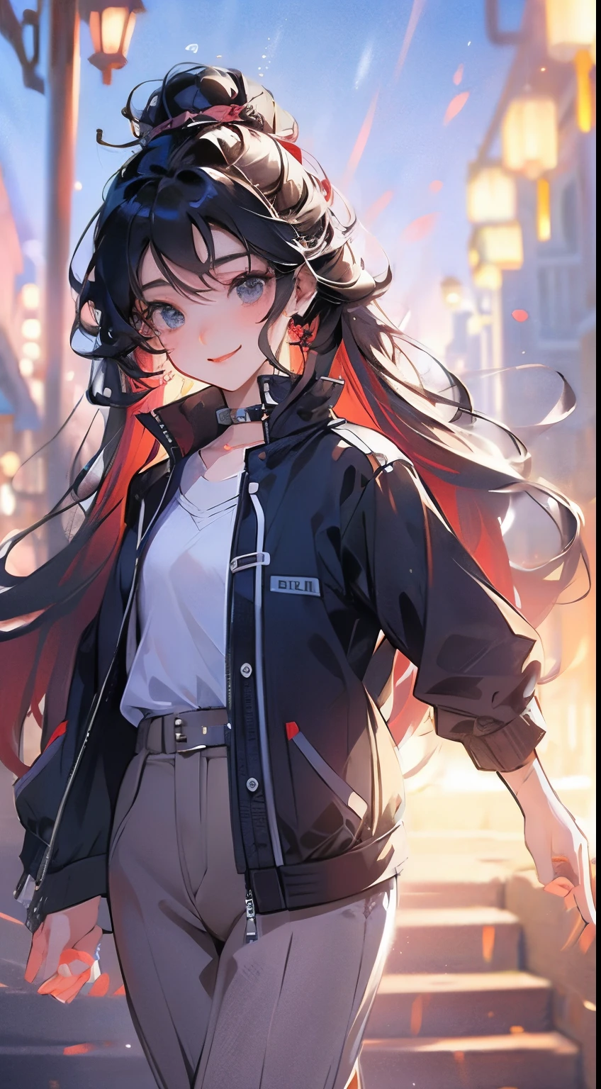 Estilo anime, noite, Sala de estar, Mulher adulta frontal ethinic random, hair multcolor aleathory, sorriso malicioso, walking in streets