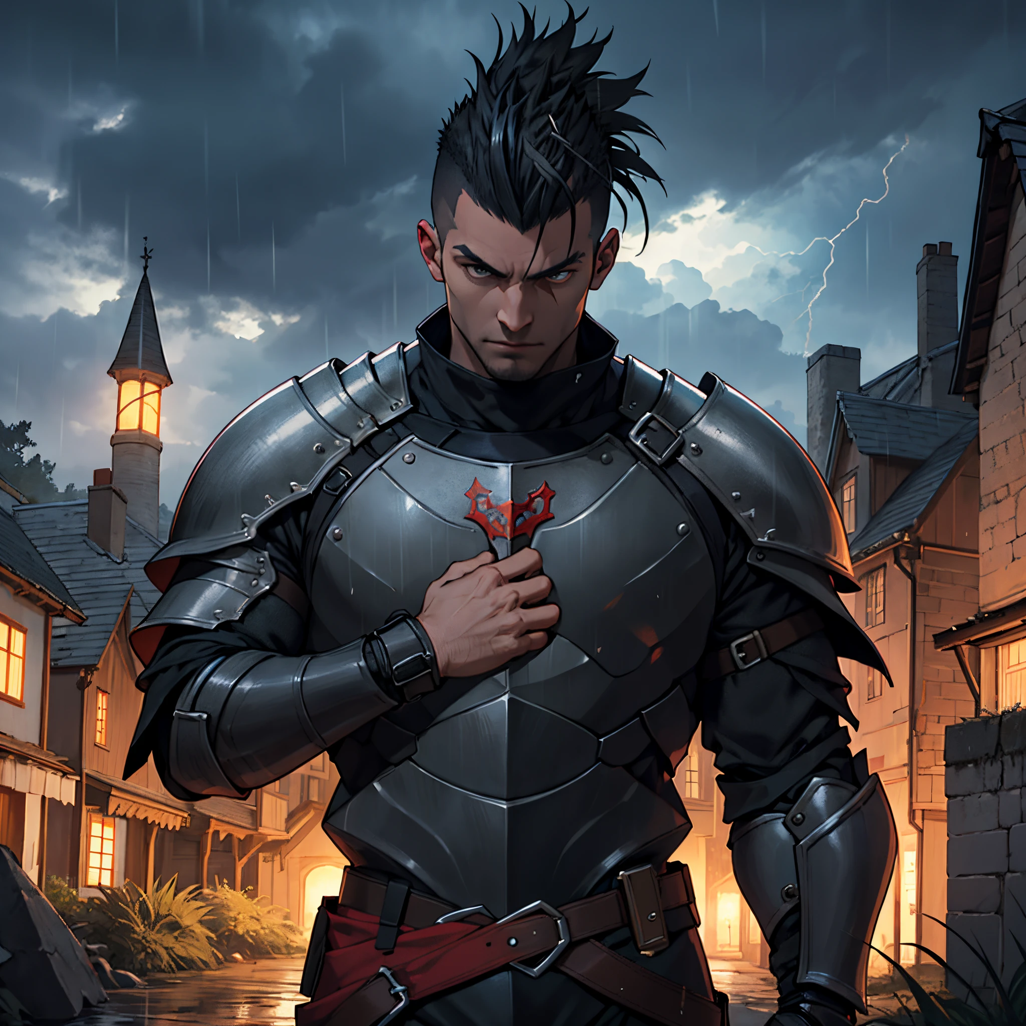 masterpiece, Best Quality, person upper body, detailed, 4k, Cinematics, Background with: Inside the illuminated medieval village in front of the medieval castle on a rainy night, dark clouds, thunderstorm, black knight in black steel armor (man with mohawk hair)