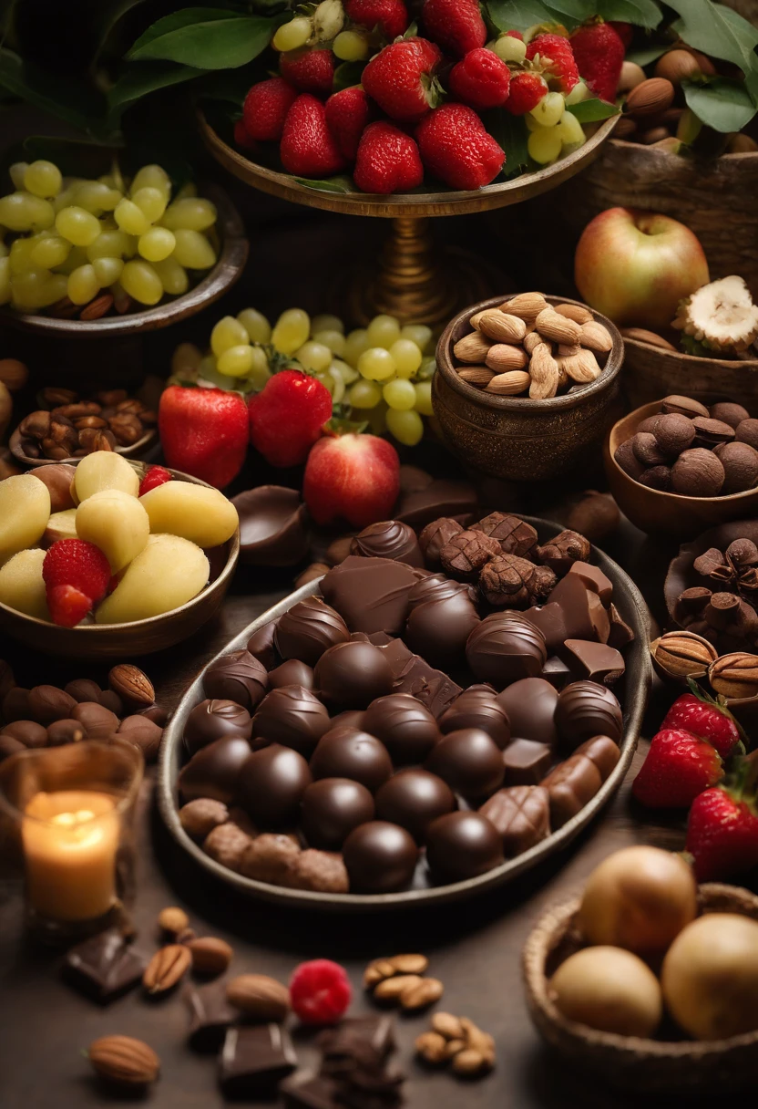 A photo of a beautifully arranged chocolate platter, featuring an assortment of handmade chocolate truffles, each elegantly decorated and paired with a variety of fresh fruits and nuts.,original,Extremely handsome white man with dark hair and some stubble. Chiseled face. Early to mid forties. Chef. Chocolate maker. , male